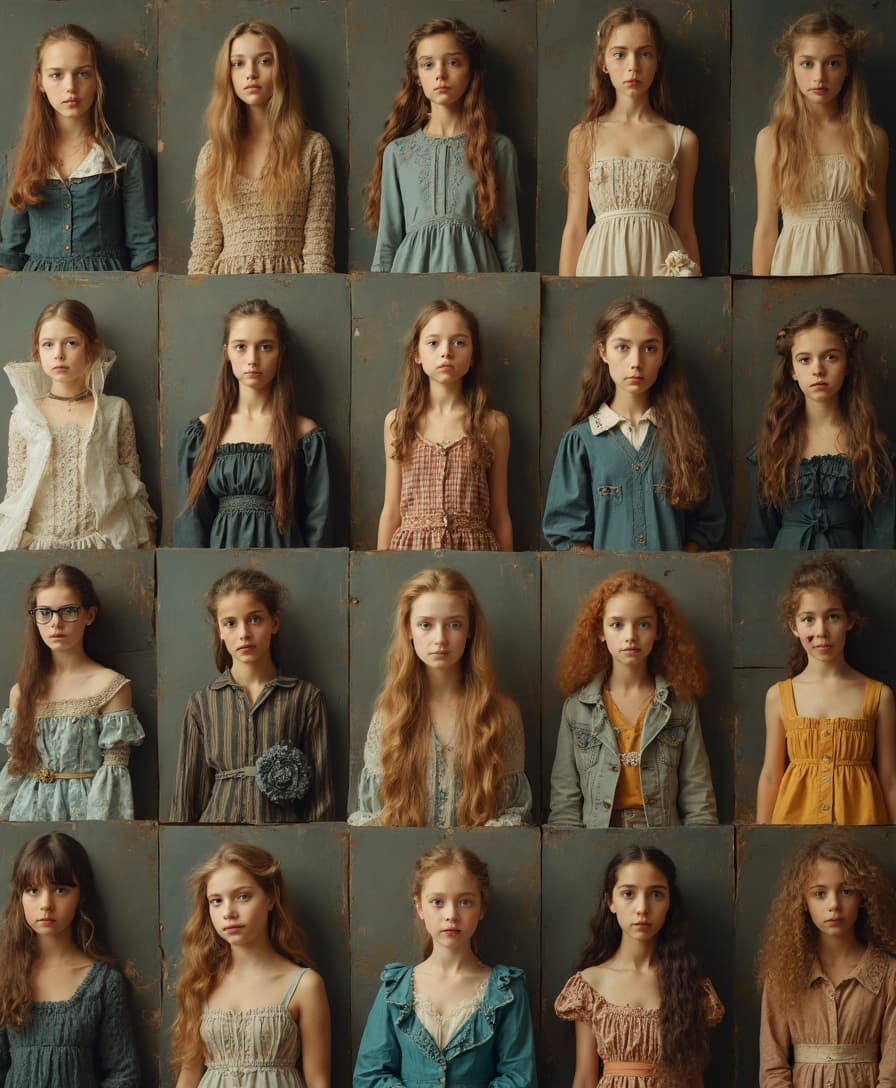 Divide the screen into sixty equal parts, each depicting young girls dressed in different eras