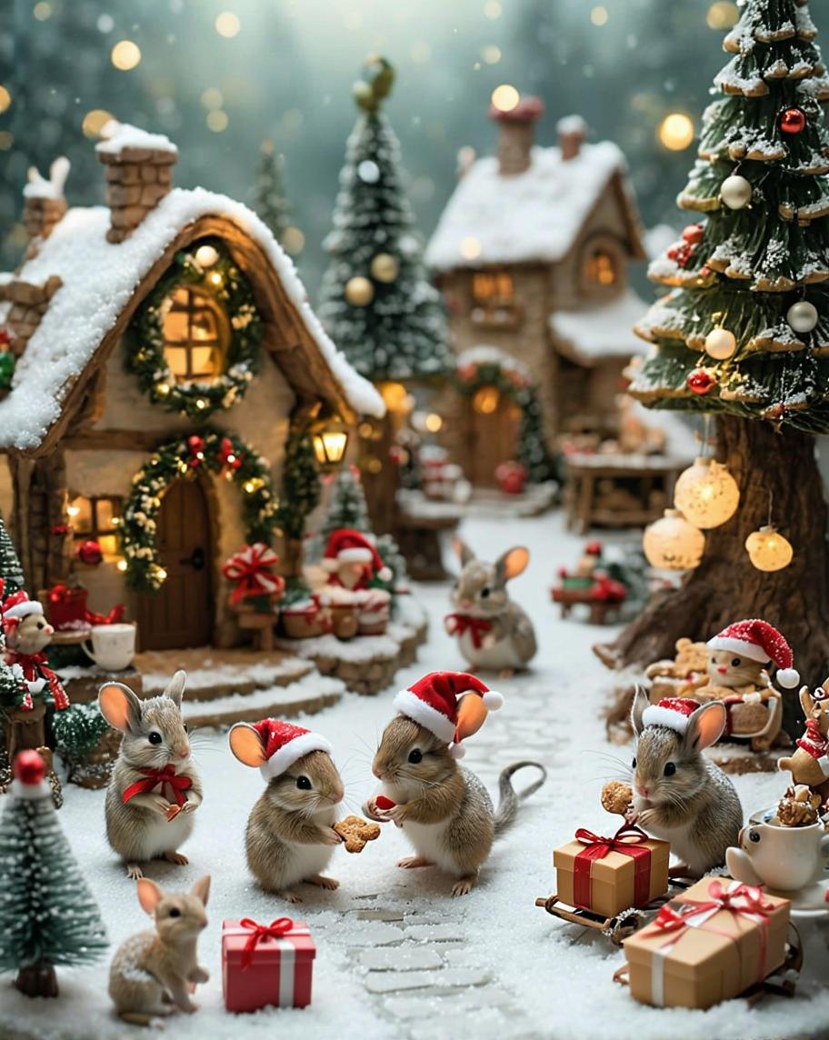 A whimsical Christmas village inhabited by adorable woodland animals dressed in festive holiday outfits. Tiny mice in Santa hats bake cookies in a gingerbread bakery, while a family of rabbits decorates a glowing, snow-dusted tree with oversized candy canes. Squirrels carry tiny wrapped presents up a sparkling cobblestone path to a miniature post office shaped like a tree stump, and hedgehogs skate on a frozen pond surrounded by twinkling fairy lights.The scene is filled with warm, glowing lanterns, snowflakes gently falling, and cheerful details like a bunny pulling a sleigh full of gifts and a cozy café with steam rising from tiny teacups. The backdrop features rolling snowy hills, colorful holiday wreaths on every door, and a sky painted with soft pink and golden hues of a Christmas sunset. Every element radiates charm and festive joy, creating a heart-melting holiday wonderland.
