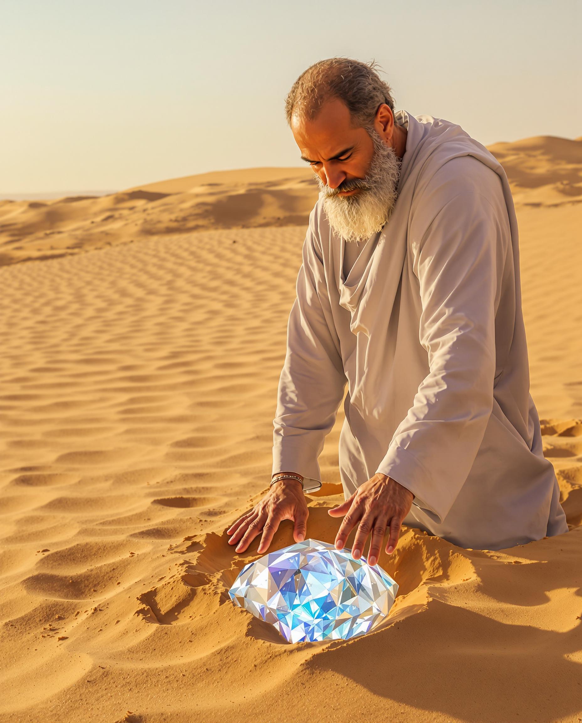 A realistic man, with an air of mystique, wandered through the vast desert dunes, his robe flowing elegantly in the warm breeze. As he traversed the golden sands, he stumbled upon a glimmering object partially buried in the ground. To his astonishment, it was a stone made of diamonds, sparkling brilliantly under the relentless sun. The man, embodying both the essence of a wizard and an ordinary traveler, reached down to grasp the extraordinary gem, feeling its cool surface against his skin. In that moment, he realized that this discovery was not just a treasure, but a sign of the magic hidden within the harsh beauty of the desert landscape.