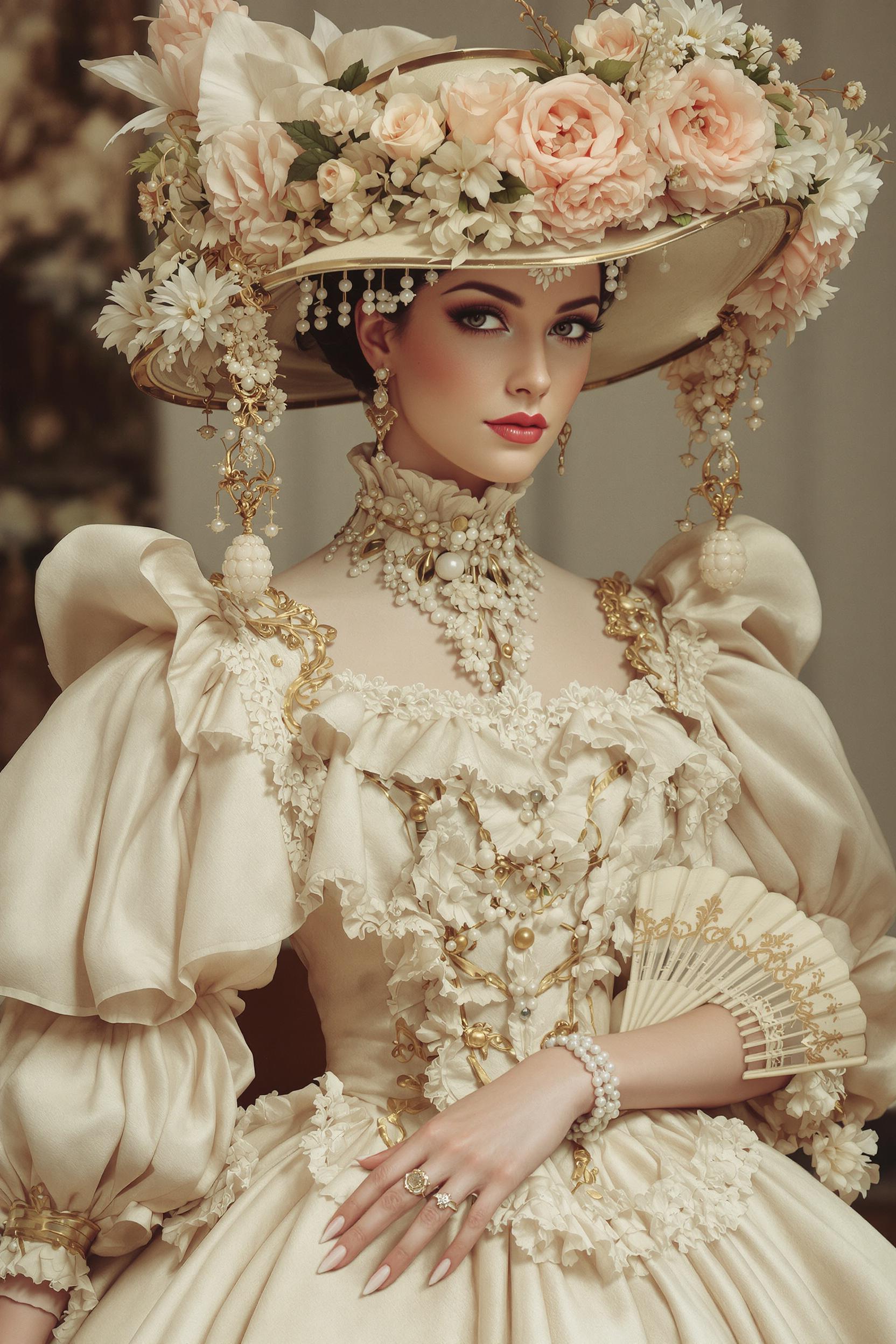 This image is a digital artwork that captures a woman in a Victorian era setting. The art style is reminiscent of a high fashion editorial, with a focus on the intricate details of the costume and accessories, and a soft, romantic atmosphere. The medium appears to be a digital painting, given the smooth blending of colors and the lack of texture that one might find in a traditional painting.The colors in the image are soft and muted, with a predominance of creams, beiges, and pastels. These colors are complemented by the gold accents on the hat and fan, which add a touch of opulence. The figures skin is painted with a delicate blush and subtle shading, giving it a lifelike quality.The objects in the image are central to the composition. The figure is adorned in a lavish Victorian gown with ruffled sleeves and a fitted bodice, detailed with lace and beadwork. The gowns skirt is full and billows out, creating a sense of movement and elegance. The figure is also wearing a wide brimmed hat, decorated with an array of flowers, including roses and daisies, and embellished with pearls and lace. The hats brim is wide enough to cast a shadow over the figures face, adding to the enigmatic quality of the portrait.The woman is holding a delicate fan, intricately decorated with floral motifs and gold detailing. The fans design complements the hat and gown, reinforcing the Victorian theme. The figures hands are adorned with rings and are positioned gracefully, one holding the fan and the other resting on the woman's waist.The background is blurred, focusing the viewers attention on the figure and her attire. The blurred background suggests a setting that is not specific, allowing the viewer to immerse themselves in the details of the woman's costume and accessories.