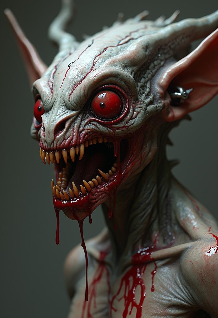 This image is a closeup and detailed depiction of a creature that appears to be a blend of fantasy and horror elements. The creature has elongated, pointed ears that are reminiscent of those found on mythical creatures like elves or goblins. The ears are adorned with what seem to be metallic or mechanical elements, giving them a futuristic or cybernetic twist.The creatures face is the focal point of the image. It has large, bulging eyes that are a deep, bloodred color, with a glossy finish that reflects light. The eyes are detailed with what appear to be cracks or veins, giving them a sense of age or decay. The pupils are not visible, but the overall effect is one of intense, unsettling gaze.The creatures mouth is wide open, revealing a set of sharp, pointed teeth that are also a bloodred color, matching the eyes. The teeth are bared in a grimace, and there is a noticeable gap between the front teeth, adding to the menacing appearance. The mouth is dripping with a viscous substance that resembles blood, which cascades down the creatures chin and neck.The creatures skin is textured and appears to be made of a material that is both flexible and tough, with a mottled gray and white color palette. There are various scars and marks on the skin, which are also streaked with red, suggesting that the creature has been through some sort of trauma or battle.The creatures neck is bare, and there are more streaks of red on the skin, indicating that the blood is not just from the mouth. The neck muscles are welldefined, and there are some scars or marks that run vertically down the neck.The creatures shoulders are visible, and they are also adorned with what appear to be scars or marks, similar to those on the neck. The shoulders are muscular, and there are some protrusions or appendages that could be interpreted as armor or additional features.The overall art style of the image is realistic with a touch of fantasy, and the medium appears to be a digital painting or illustration. The colors are quite dark, with deep reds, grays, and whites dominating the palette. The lighting is subdued, with shadows and highlights that give the creature a threedimensional form.The objects in the image are primarily the creature itself, with its detailed features and textured skin. There are no other objects or characters present, focusing the viewers attention solely on the creatures menacing and otherworldly appearance.