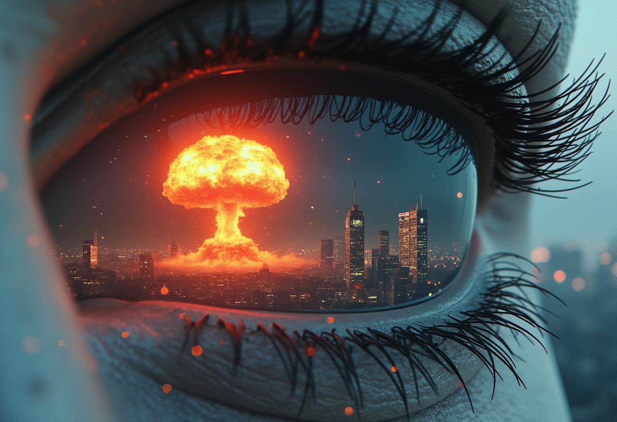 Create an image where the viewer is looking into a human eye. (man) In the eye's reflection, depict a nuclear bomb exploding. The landscape should be overrun with advanced AI technology, such as towering robots, autonomous drones, and dilapidated buildings covered in digital advertisements and holograms. The overall mood should be dark and dystopian, with a cold, metallic color palette and hints of destruction. The eye itself should appear a nuclear explosion but with a hint of artificial enhancement, like a glowing cybernetic iris