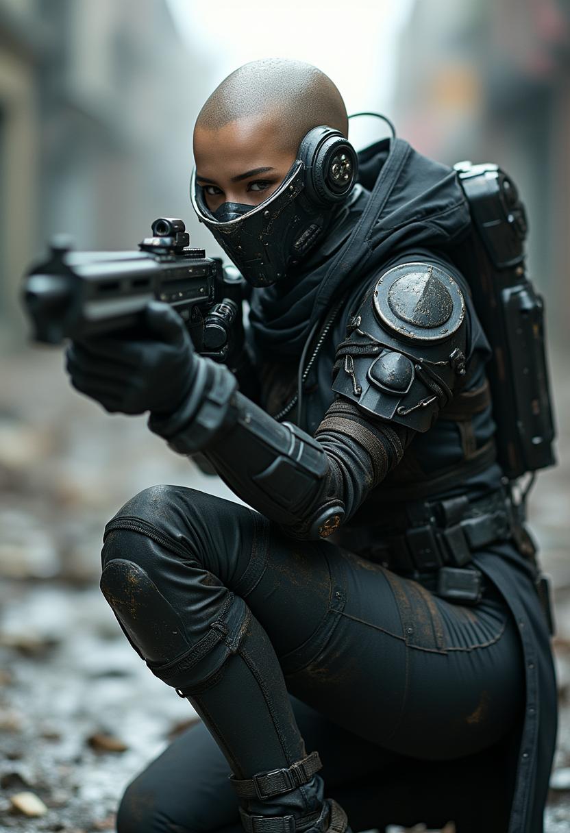 dirty black armed female in sci-fi battle armor with cybernetic helmet, aiming on one knee, mask, black coat, white csci-fi visor, bald head, armed figure, weapon in hand, aiming, plate armor, insulated armor, spacesuit, lots of small details, sci-fi movie style, on a ruined city street, overcast, photography, natural textures, natural light, natural blur, photorealism,cinematic rendering, ray tracing, highest quality, highest detail,Cinematic,Third-Person View,Blur Effect,