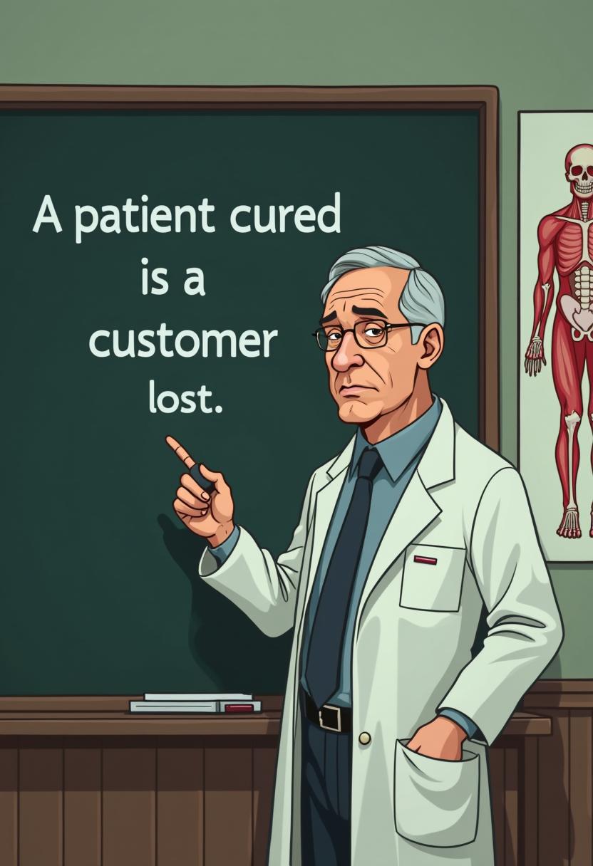 A 3d pixar of a middle-aged, light-skinned man, in a light gray/white lab coat, and dark tie, stands before a dark chalkboard in a classroom setting. He is positioned slightly to the right of center, facing forward, and holding a pointer.  The man's expression is serious, and he is looking directly at the viewer.  The chalkboard has the text "A patient cured is a customer lost." written on it in capitalized, simple, sans-serif font.  The artwork style is comic-strip, with bold lines and muted tones of grays, greens, and browns. The man displays a serious, almost apologetic expression, which contrasts with the humorous statement on the chalkboard. An anatomical chart of limbs and bones is on the wall behind him and to the right. Simple linework gives the image depth with a comic-book style. The lighting is neutral. The overall atmosphere is humorous and poignant, reflecting a lighthearted take on the realities of a medical student's education