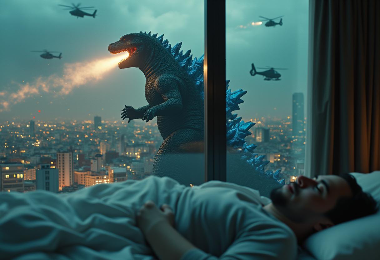 Depth of field: Outside the glass balcony of a luxury skyscraper, Godzilla with beam coming from his mouth, wreaks havoc on the night city below, military helicopters circling overhead. Inside, a man sleeps soundly in bed, his mouth agape. Cinematic, realistic CGI.