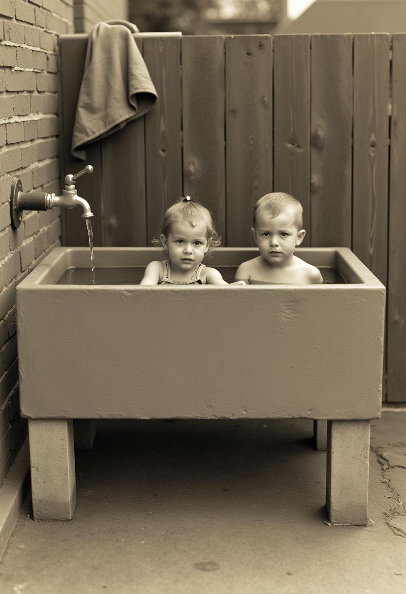 Sepia image of two children sitting in a large, rectangular concrete sink or trough filled with water. The sink is situated outdoors, against a brick wall and a wooden fence. the children are enjoying the water. The sink is elevated on concrete supports, and there is a faucet above it. There is also a cloth hanging on the fence nearby.
