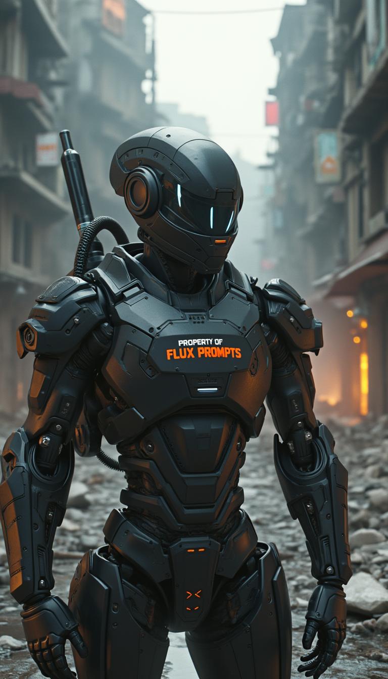A 3d cinematic futuristic scene focused on a futuristic soldier in the style of dark reflections. A realistic buffed mechanical soldier wearing an advanced technological exoskeleton suit in a high-tech city of a dystopian world of cyberpunk war-torn cityscape in the style of league of legends::2 battle-damaged buildings, futuristic weaponry, tactical brilliance, human-robot synergy, chaos, robotics, name badge on chest with the words that reads "PROPERTY OF FLUX PROMPTS"