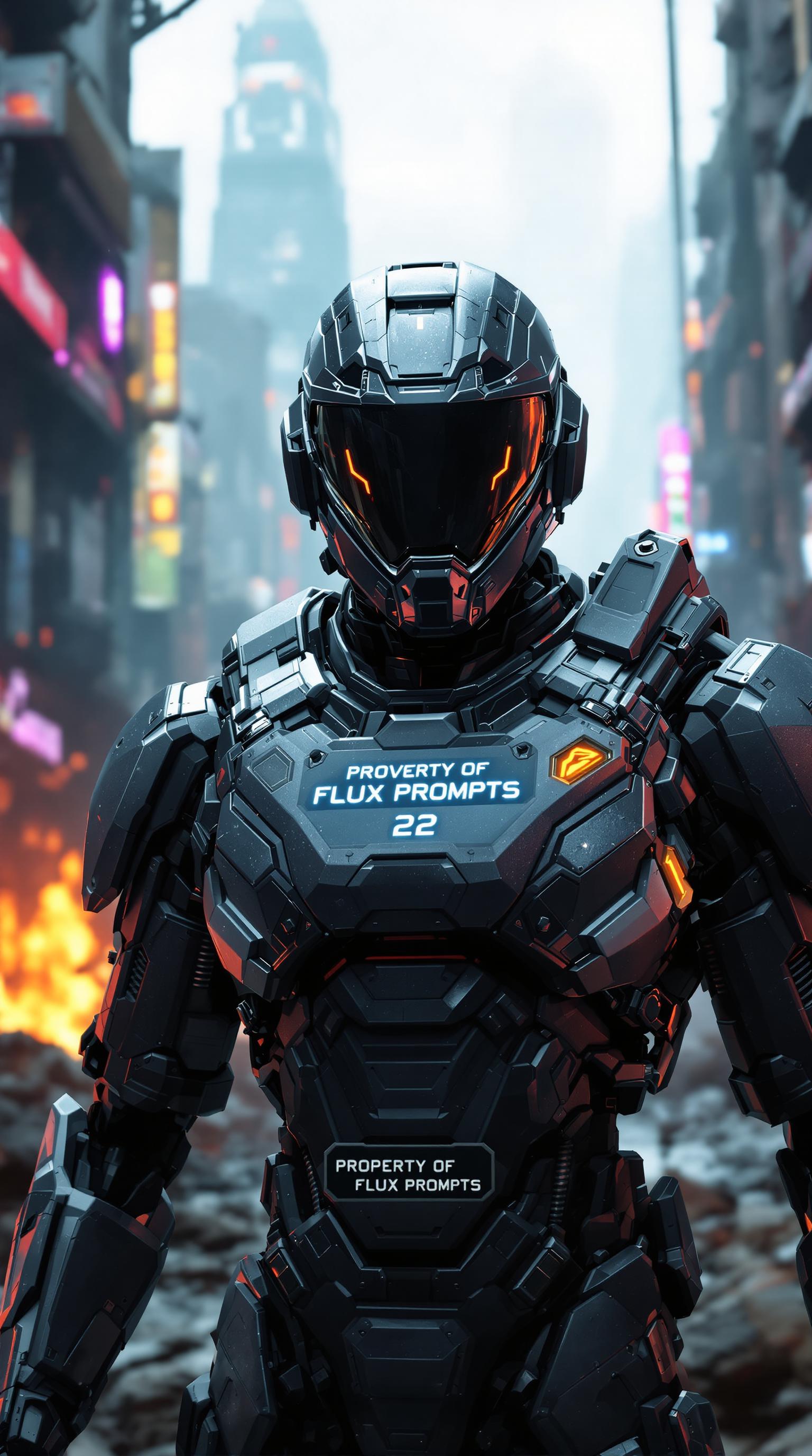 A 3d cinematic futuristic scene focused on a futuristic soldier in the style of dark reflections. A realistic buffed mechanical soldier wearing an advanced technological exoskeleton suit in a high-tech city of a dystopian world of cyberpunk war-torn cityscape in the style of league of legends::2 battle-damaged buildings, futuristic weaponry, tactical brilliance, human-robot synergy, chaos, robotics, name badge on chest with the words that reads "PROPERTY OF FLUX PROMPTS" 3d clean neon text