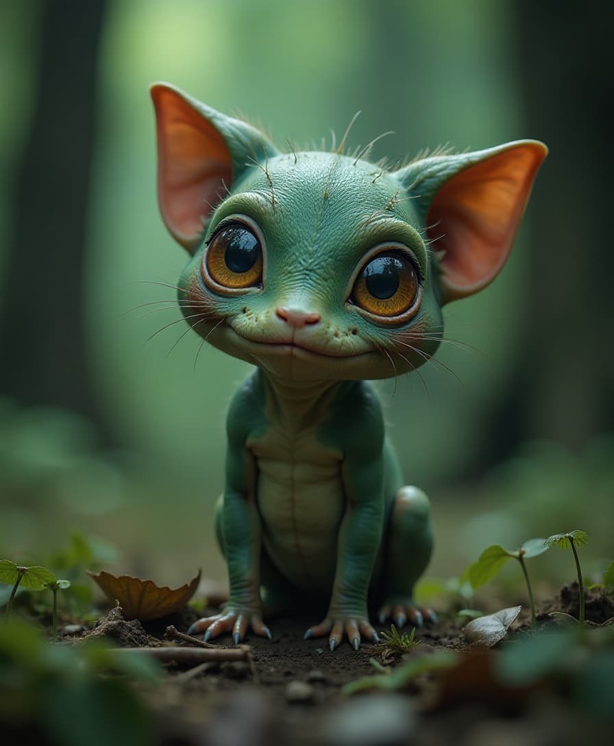 goofy forest [SUBJECT] little creature, dark surrealism. Close-up
