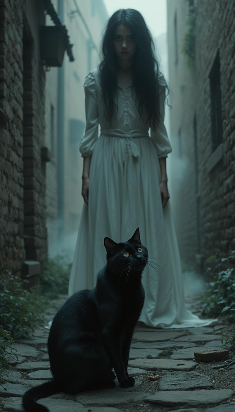 A Heart Heals: "Lost in the quiet corners of the old town, a black cat named Phantom has been wandering for days, unable to escape the sadness that grips her heart. Once a cherished pet, loved by her owner. But now she wanders around in search of answers, unsure if she can ever be happy again, but a mysterious encounter at night could change everything. Behind the cat, as if from a fog, emerges a large, highly detailed ghost of a dark-haired young woman dressed in white.