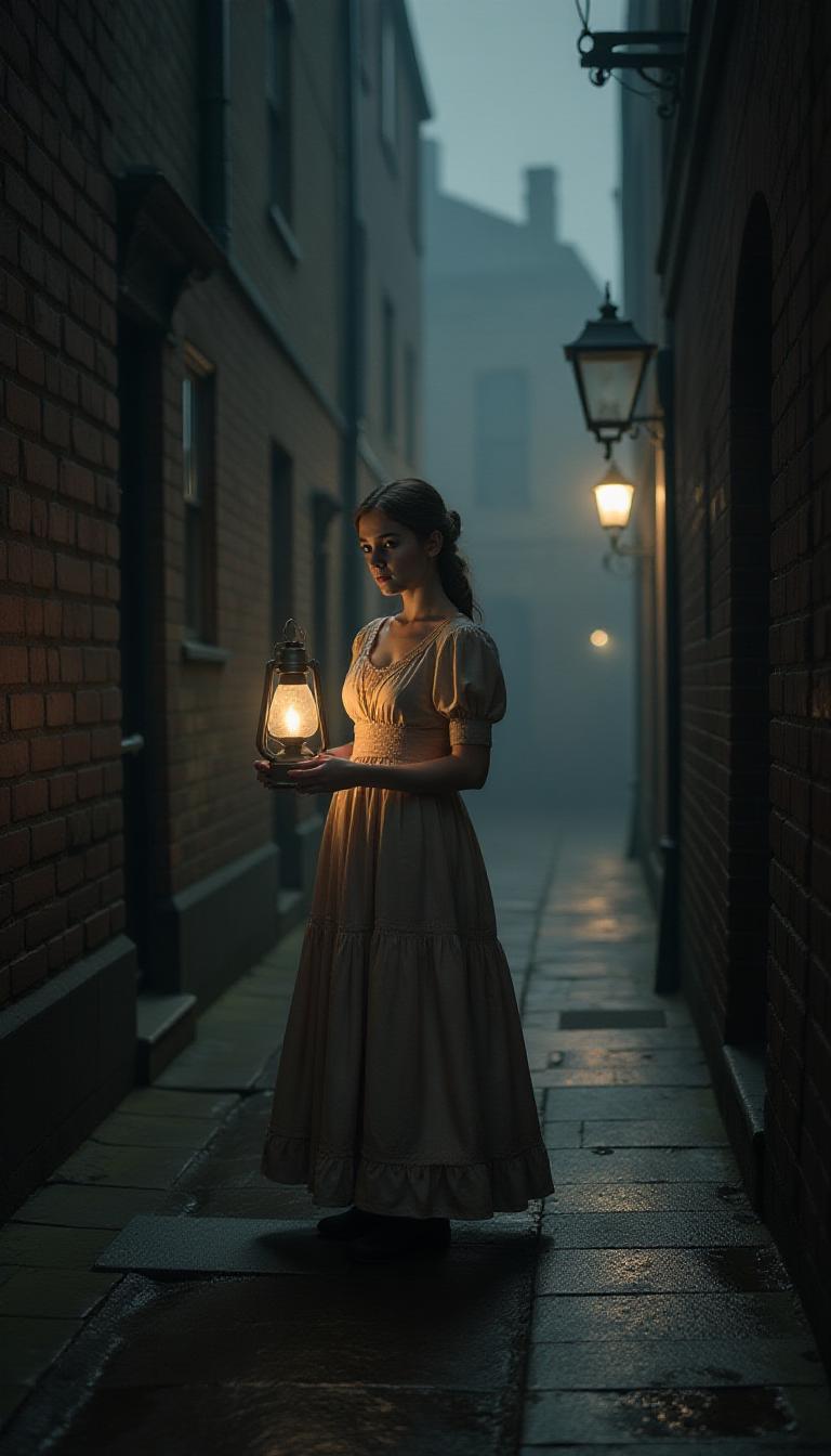 Close up at Night! In the eerie darkness of an old English alley during the time of Jack the Ripper, a young lady stands amidst towering, shadowy brick buildings. Dark night. Low Street lights. The narrow cobblestone path is slick with dampness, and London’s infamous fog wraps around her like a shroud, dimming the flickering light of distant gas lamps.Dressed in a simple Victorian gown with muted pastel colors, she clutches an old oil lamp in her trembling hands, its fragile flame casting a warm glow that barely penetrates the oppressive darkness ahead. Her wide, fearful eyes dart from shadow to shad.