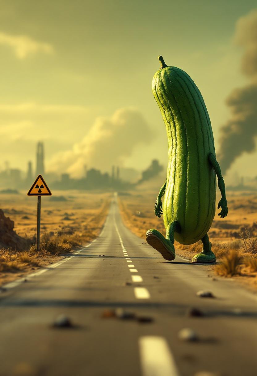 Hyperrealism, cinematic. In the background, blurred traces of destruction. In a desolate landscape, a gigantic cucumber is walking. On the roadside, a broken radiation warning sign.