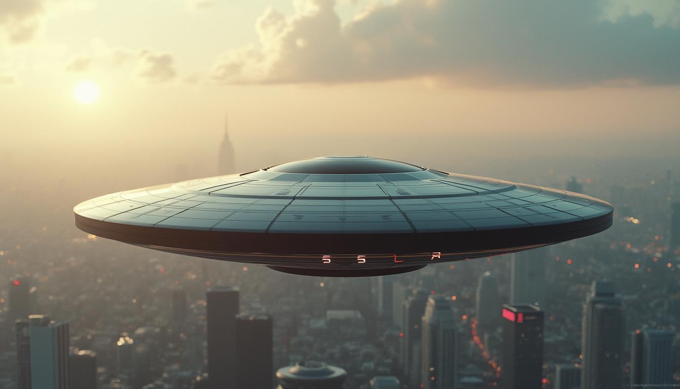 Example: Cinematic hyper realistic photo of an intrinsic detailed futuristic disc shaped 