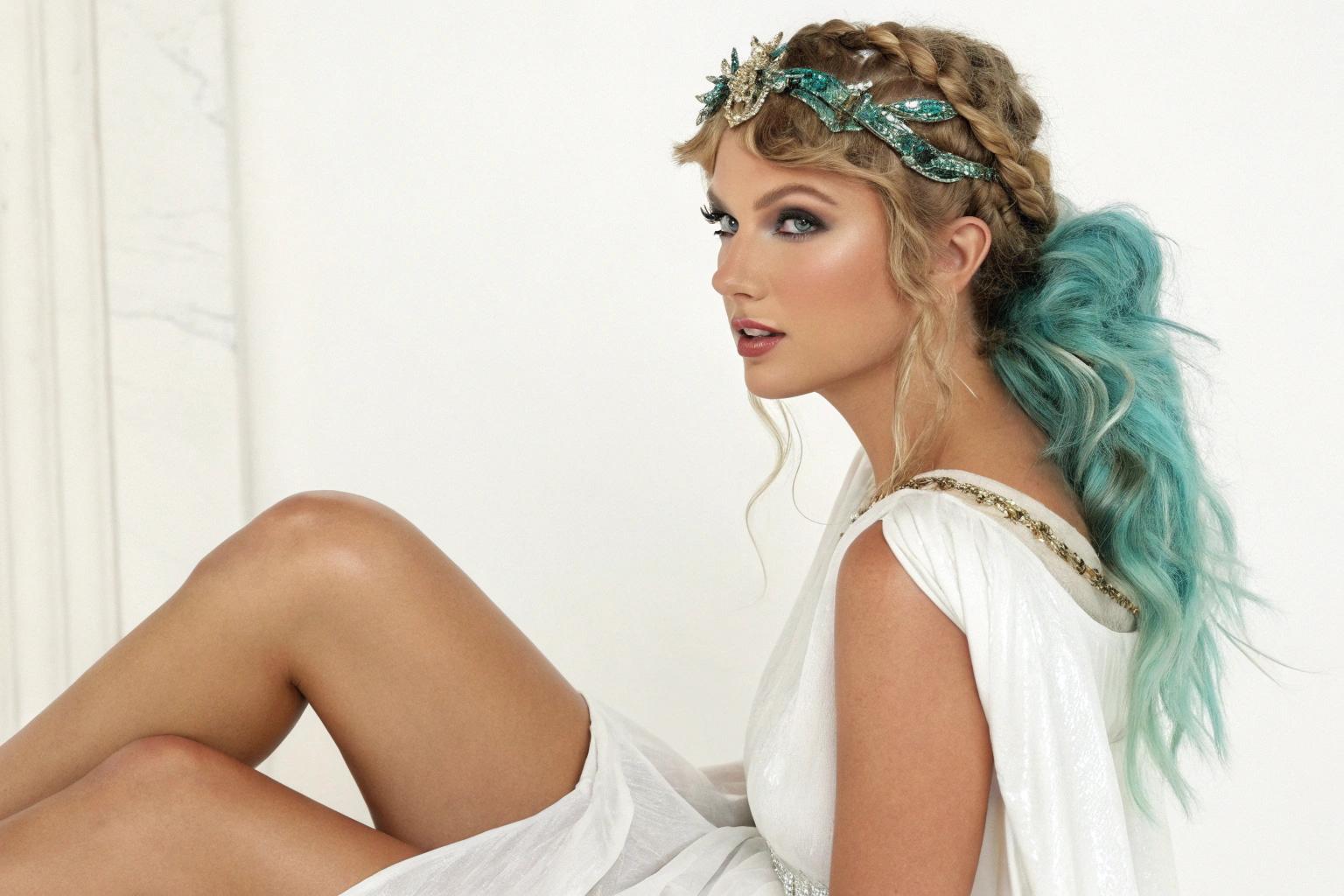  This is an illustration of Taylor Swift a woman with a fantasy aesthetic, featuring a blend of classical and mythological elements. The woman is seated with one leg crossed over the other, and her pose is relaxed yet confident, she looks at the lens. Her skin tone is a warm, golden brown, and her hair is a striking aqua blue with hints of green, styled in a voluminous, high ponytail with a jeweled headpiece. The hair cascades down her back and shoulders.The character is adorned in a white garment with gold detailing, which drapes elegantly around her. The fabric has a translucent quality, revealing her skin beneath. She wears matching gold jewelry, including bracelets, a necklace, and rings, which are embellished with what appear to be precious stones. Her feet are bare, and she is wearing gold sandals with gemstones.The background is a blend of ethereal and tangible elements. There is a misty, cloud like substance that envelops the lower half of the image, giving the impression of a watery or airy environment. The upper half of the image transitions into a more solid, muted purple and blue, with a sense of depth and space. This contrast between the misty foreground and the defined background creates a dreamlike quality.The art style is digital, with a high level of detail and smooth color transitions. The medium appears to be a combination of digital painting and illustration techniques, with a focus on realism and fantasy elements. The lighting in the image is soft and diffused, with a warm glow that highlights the character and the textures of her hair and skin.The overall impression of the image is one of enchantment and mystique, with a strong emphasis on the woman's beauty and the fantastical elements of her surroundings. The colors are vibrant and harmonious, with a balance between the cool blues and greens of her hair and skin and the warm tones of her skin and the golden accents of her jewelry. The composition is balanced and inviting, drawing the viewers eye to the woman and her reflection, which adds a layer of introspection and depth to the image.