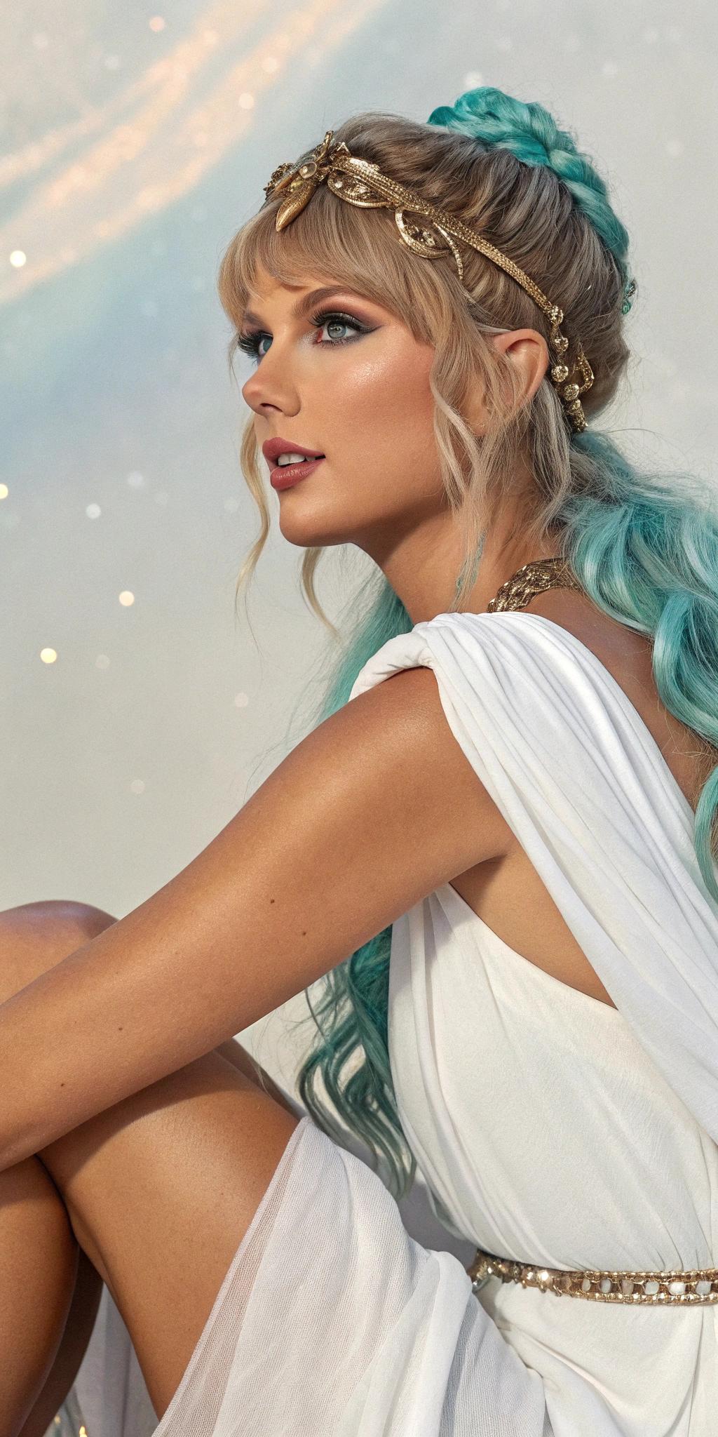  This is an illustration of Taylor Swift a woman with a fantasy aesthetic, featuring a blend of classical and mythological elements. The woman is seated with one leg crossed over the other, and her pose is relaxed yet confident, she looks at the lens. Her skin tone is a warm, golden brown, and her hair is a striking aqua blue with hints of green, styled in a voluminous, high ponytail with a jeweled headpiece. The hair cascades down her back and shoulders.The character is adorned in a white garment with gold detailing, which drapes elegantly around her. The fabric has a translucent quality, revealing her skin beneath. She wears matching gold jewelry, including bracelets, a necklace, and rings, which are embellished with what appear to be precious stones. Her feet are bare, and she is wearing gold sandals with gemstones.The background is a blend of ethereal and tangible elements. There is a misty, cloud like substance that envelops the lower half of the image, giving the impression of a watery or airy environment. The upper half of the image transitions into a more solid, muted purple and blue, with a sense of depth and space. This contrast between the misty foreground and the defined background creates a dreamlike quality.The art style is digital, with a high level of detail and smooth color transitions. The medium appears to be a combination of digital painting and illustration techniques, with a focus on realism and fantasy elements. The lighting in the image is soft and diffused, with a warm glow that highlights the character and the textures of her hair and skin.The overall impression of the image is one of enchantment and mystique, with a strong emphasis on the woman's beauty and the fantastical elements of her surroundings. The colors are vibrant and harmonious, with a balance between the cool blues and greens of her hair and skin and the warm tones of her skin and the golden accents of her jewelry. The composition is balanced and inviting, drawing the viewers eye to the woman and her reflection, which adds a layer of introspection and depth to the image.