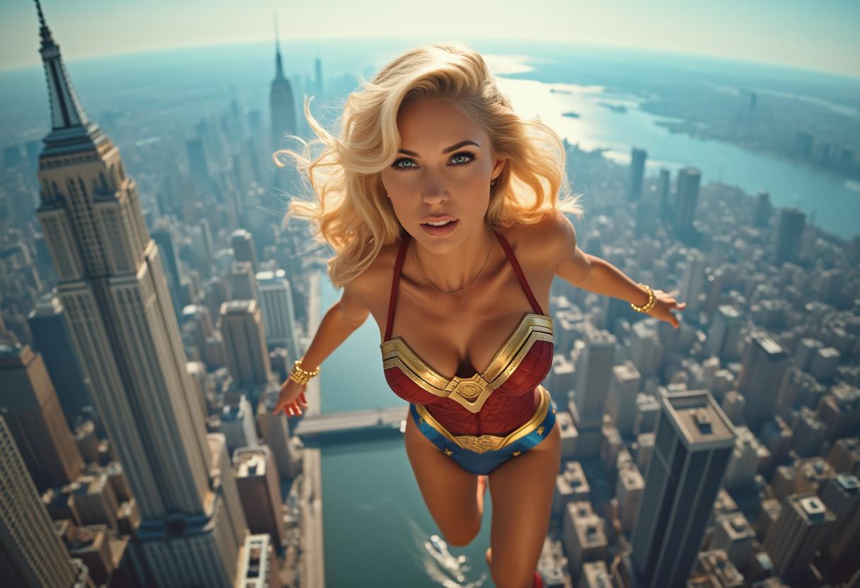 Create an image of superwoman, blonde, wearing bikini super woman uniform, sexy, motion, flying towards viewer, above New York City, sunny bright day, blue skys 