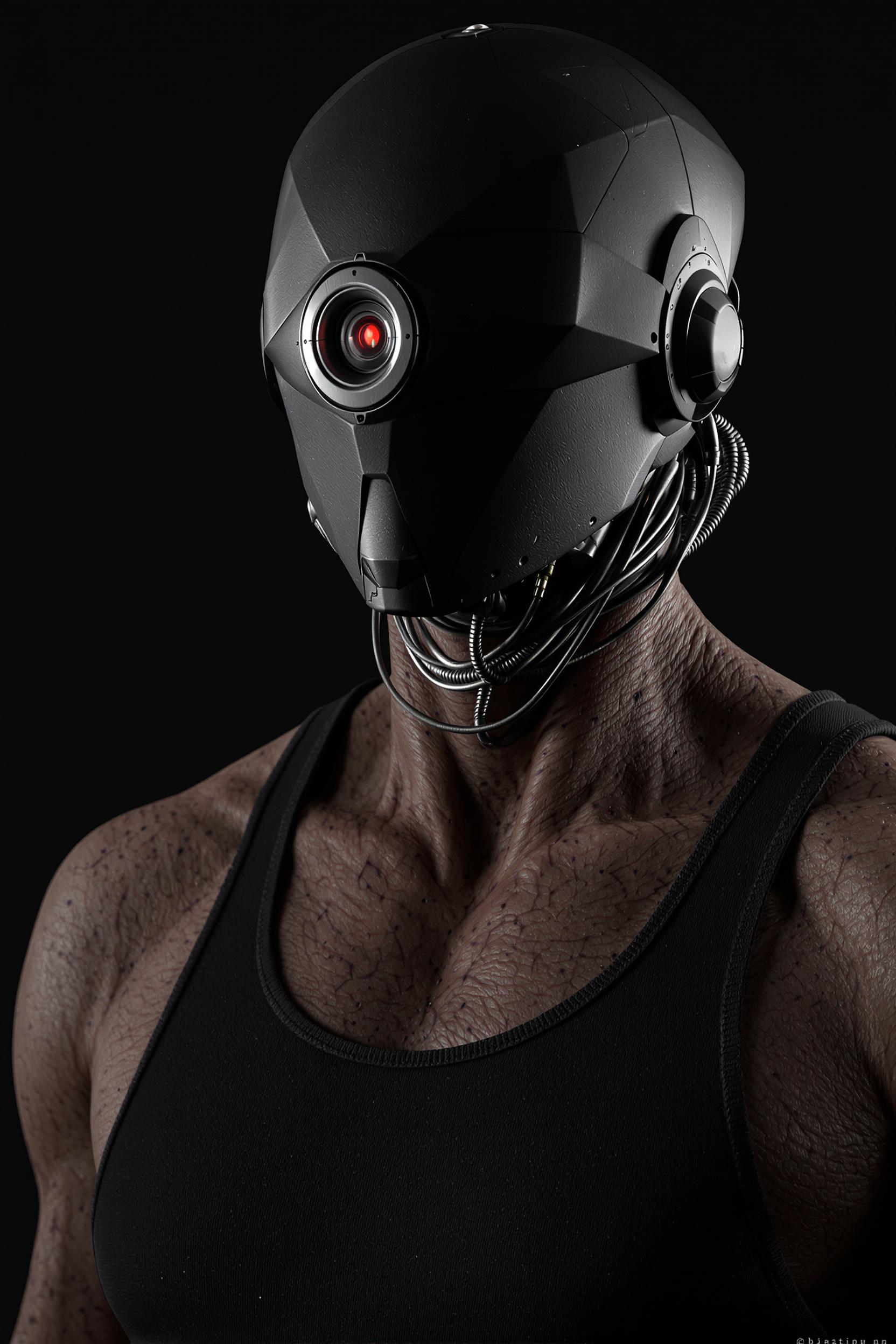 This image is a 3D rendered digital artwork, showcasing a closeup of a humanoid figure with a cybernetic enhancement. The figure is wearing a sleeveless, dark tank top, and the skin texture is highly detailed, with realistic creases and folds that give the appearance of a living, muscular body.The headgear is a metallic helmet with a circular visor, which has a red light emanating from the center, suggesting a technological or mechanical function. The helmets design is angular and futuristic, with a matte finish that reflects light subtly.The figures neck is exposed, and the skin is textured with scars and abrasions, giving the impression of battle scars or a history of hardship. The neck is also adorned with a series of metallic tubes and wires that run down to the chest, indicating a fusion of organic and mechanical elements.The color palette is dark and moody, with deep blacks, browns, and grays dominating the scene. The lighting is dramatic, with shadows that accentuate the contours of the figure and the textures of the skin and clothing. There is a sense of depth achieved through the use of lighting and shadow, which adds to the realism of the image.The overall art style is one of hightech realism, with a focus on the interplay between human anatomy and advanced technology. The medium used to create this image is likely a 3D modeling software, which allows for the creation of complex textures and lighting effects to achieve the desired realism.