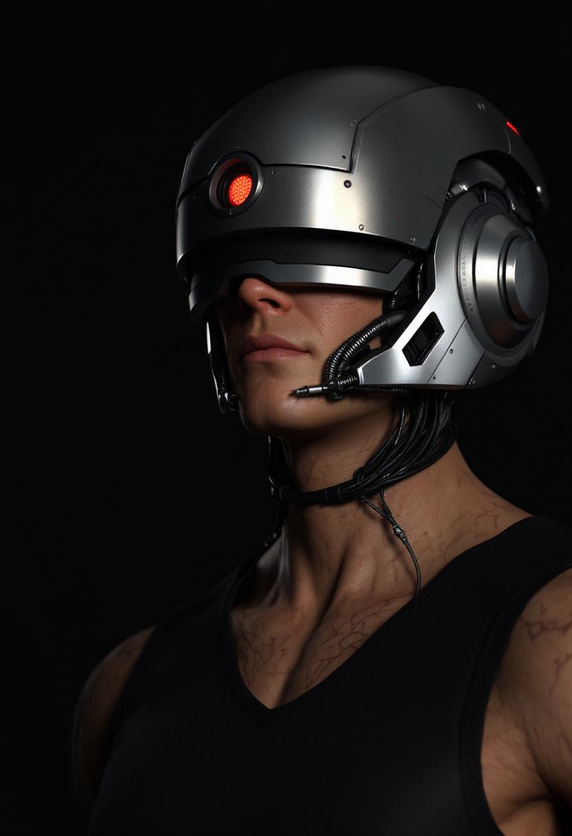This image is a 3D rendered digital artwork, showcasing a closeup of a humanoid figure with a cybernetic enhancement. The figure is wearing a sleeveless, dark tank top, and the skin texture is highly detailed, with realistic creases and folds that give the appearance of a living, muscular body.The headgear is a metallic helmet with a circular visor, which has a red light emanating from the center, suggesting a technological or mechanical function. The helmets design is angular and futuristic, with a matte finish that reflects light subtly.The figures neck is exposed, and the skin is textured with scars and abrasions, giving the impression of battle scars or a history of hardship. The neck is also adorned with a series of metallic tubes and wires that run down to the chest, indicating a fusion of organic and mechanical elements.The color palette is dark and moody, with deep blacks, browns, and grays dominating the scene. The lighting is dramatic, with shadows that accentuate the contours of the figure and the textures of the skin and clothing. There is a sense of depth achieved through the use of lighting and shadow, which adds to the realism of the image.The overall art style is one of hightech realism, with a focus on the interplay between human anatomy and advanced technology. The medium used to create this image is likely a 3D modeling software, which allows for the creation of complex textures and lighting effects to achieve the desired realism.