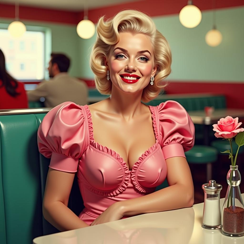 A photo of Marilyn Monroe,This image is a stylized representation of a diner scene, reminiscent of the 1950s American diner culture. The art style is a blend of realism and pop art, with a focus on vibrant colors and exaggerated features that give the image a playful and nostalgic feel.The medium appears to be digital painting, given the smooth gradients and seamless blending of colors. The lighting is warm and soft, with a focus on the subject and the diners interior, creating a cozy and inviting atmosphere.The colors are bright and saturated, with a palette that includes shades of pink, red, and green. The subject is wearing a glossy pink dress with puffy sleeves and ruffled details, which adds a touch of elegance and femininity to the image. The diners booth is upholstered in a tealgreen fabric, which contrasts beautifully with the warm tones of the subjects dress.Objects in the image include a vase with a single pink rose, which adds a romantic touch to the setting. Theres also a salt shaker and a pepper mill on the table, which are common diner accessories. The background is slightly blurred, but we can make out the outlines of other diners and the diners interior, which includes a counter and stools.