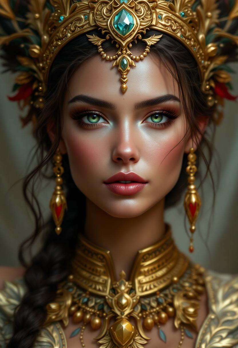This image is a digital artwork that presents a closeup portrait of a woman that appears to be a fantasy character, possibly a queen or a deity. The art style is highly detailed and realistic with a touch of fantasy, utilizing smooth gradients and intricate textures to create a lifelike appearance.The medium seems to be a digital painting, as evidenced by the seamless blending of colors and the absence of brush strokes. The lighting is soft and diffused, casting gentle shadows that give depth to the figures features and the ornate jewelry.The colors in the image are rich and varied, with a predominance of earthy tones such as browns, golds, and greens, which give the artwork a regal and ancient feel. The figures skin is a tan, which contrasts with the warm tones of the jewelry and the red accents of the flowers.The woman is adorned with an elaborate golden headdress that features intricate patterns and embellishments, including what appears to be a central gemstone. The headdress is further decorated with smaller gemstones, chains, and what might be feathers or leaves, adding to the regal and mystical aura.The figures attire is equally elaborate, with a garment that seems to be made of a dark fabric, possibly velvet, embellished with gold and blue jewels, and detailed with patterns that suggest a high level of craftsmanship. The garment is adorned with spikes and what could be thorns, adding a touch of danger or protection to the figures appearance.On the figures face, there is a serene yet powerful expression, with piercing blue eyes that are detailed with a smoky eye makeup and defined eyelashes. The eyebrows are wellgroomed and arched, and the lips are painted a deep red, which stands out against the pale skin.The figures ears are pointed and elflike, and there are small, ornate earrings that match the headdress. The neck is adorned with a necklace that features a large, prominent gemstone, and there are additional smaller jewels scattered across the chest area.In the foreground, there are two large, vivid red flowers with green leaves, which add a pop of color to the otherwise subdued palette of the image. The flowers are placed asymmetrically, with one slightly in front of the other, and they appear to be in full bloom, with petals that are detailed and realistic.Overall, the image exudes a sense of mystique, power, and regality, with a blend of fantasy and realism that is characteristic of highquality digital art.