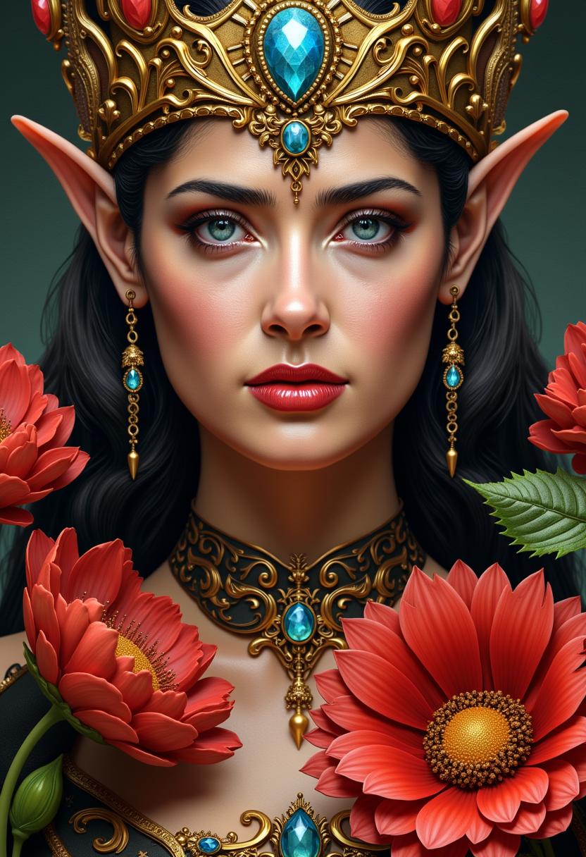 a photo of SH72, This image is a digital artwork that presents a closeup portrait of a woman that appears to be a fantasy character, possibly a queen or a deity. The art style is highly detailed and realistic with a touch of fantasy, utilizing smooth gradients and intricate textures to create a lifelike appearance.The medium seems to be a digital painting, as evidenced by the seamless blending of colors and the absence of brush strokes. The lighting is soft and diffused, casting gentle shadows that give depth to the figures features and the ornate jewelry.The colors in the image are rich and varied, with a predominance of earthy tones such as browns, golds, and greens, which give the artwork a regal and ancient feel. The figures skin is a tan, which contrasts with the warm tones of the jewelry and the red accents of the flowers.The woman is adorned with an elaborate golden headdress that features intricate patterns and embellishments, including what appears to be a central gemstone. The headdress is further decorated with smaller gemstones, chains, and what might be feathers or leaves, adding to the regal and mystical aura.The figures attire is equally elaborate, with a garment that seems to be made of a dark fabric, possibly velvet, embellished with gold and blue jewels, and detailed with patterns that suggest a high level of craftsmanship. The garment is adorned with spikes and what could be thorns, adding a touch of danger or protection to the figures appearance.On the figures face, there is a serene yet powerful expression, with piercing blue eyes that are detailed with a smoky eye makeup and defined eyelashes. The eyebrows are wellgroomed and arched, and the lips are painted a deep red, which stands out against the tan skin.The figures ears are pointed and elf like, and there are small, ornate earrings that match the head dress. The neck is adorned with a necklace that features a large, prominent gemstone, and there are additional smaller jewels scattered across the chest area.In the foreground, there are two large, vivid red flowers with green leaves, which add a pop of color to the otherwise subdued palette of the image. The flowers are placed asymmetrically, with one slightly in front of the other, and they appear to be in full bloom, with petals that are detailed and realistic.Overall, the image exudes a sense of mystique, power, and regality, with a blend of fantasy and realism that is characteristic of high quality digital art.