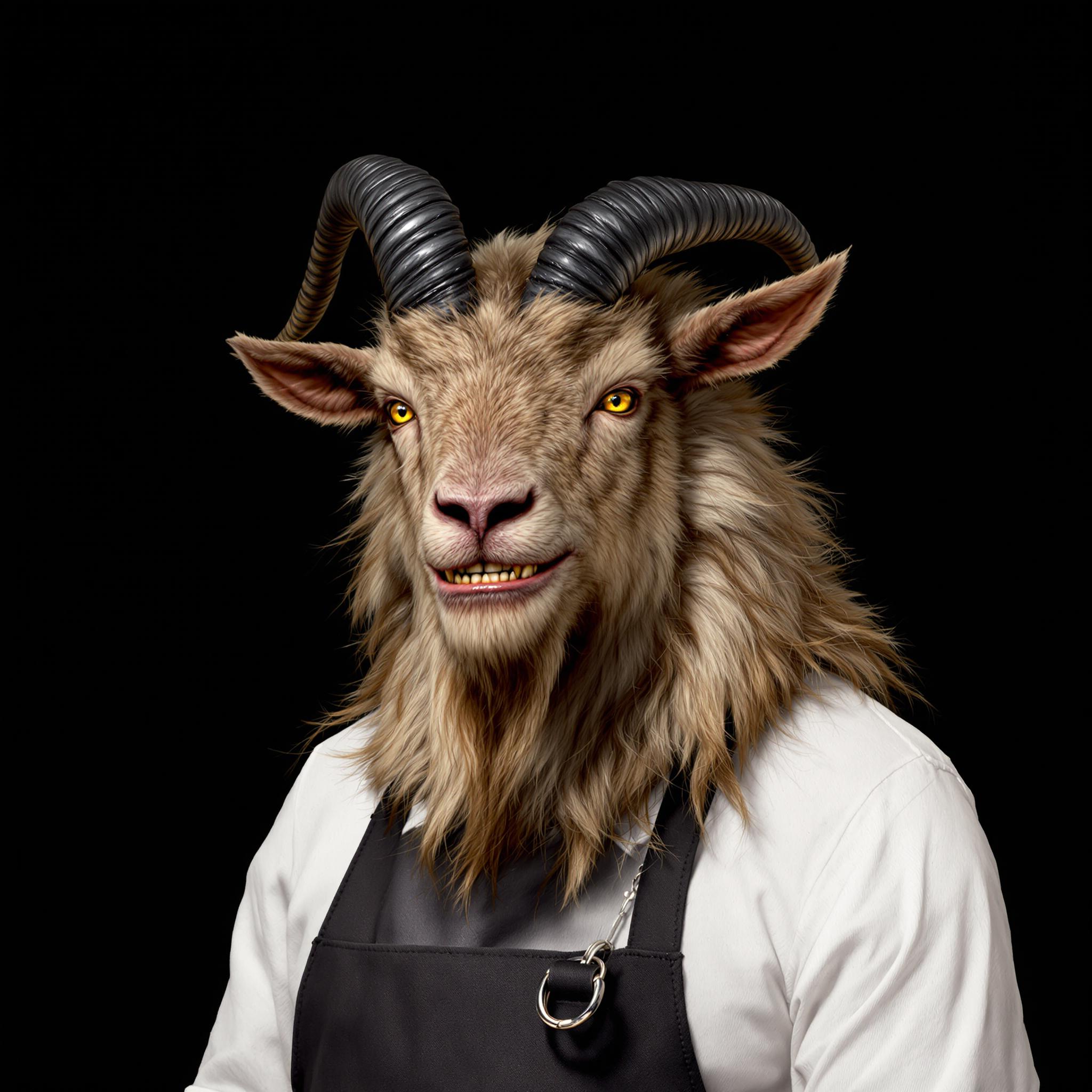 This image features a creature with the head of a goat, wearing a white shirt with a black collar and a dark apron over it. The creatures fur is a mix of light and dark shades, giving it a realistic texture and depth. The fur on the neck and chest is particularly thick and curly.The goats horns are curved and appear to be made of a dark, possibly metallic material, giving them a rugged and imposing look. The creatures eyes are yellow, and its mouth is slightly open, showing teeth that are also yellow. The creatures expression is one of contentment or mild amusement.The art style of the image is realistic with a touch of fantasy, as the creature is a mythical being. The medium appears to be a digital rendering, given the smooth texture and lighting of the fur and the sharpness of the details.The colors in the image are primarily earthy tones, with the white shirt providing a stark contrast against the dark apron and the dark background. The creatures fur is a mix of browns and grays, while the horns and the apron are black. The yellow eyes and teeth add a pop of color to the otherwise muted palette.There are no other objects in the image, focusing the viewers attention solely on the creature. The background is a solid dark color, which serves to highlight the creature and give it a sense of depth. The lighting in the image is soft and diffused, casting gentle shadows that give the creatures fur a threedimensional quality.