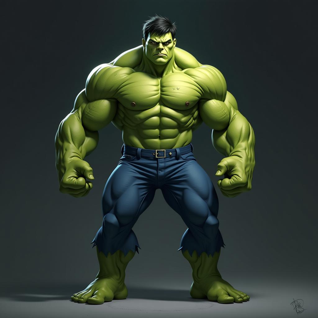 This image features a man that is a blend of human and Hulk like attributes. The character is standing with a powerful stance, hands clenched and ready for action. The art style is a blend of realism and fantasy, with a focus on the detailed musculature and textures of the skin.The medium appears to be a digital painting, given the smooth blending of colors and the lack of brush strokes. The lighting is dramatic, with a spotlight effect that highlights the character against a dark background. The colors are primarily shades of green, which is characteristic of the Hulk, with some variations in the skin tones to give depth and realism. The characters skin is textured to look like the Hulks, with raised areas and shadows that give it a three dimensional appearance.The character is wearing a pair of blue pants, which are the only clothing visible. The pants appear to be a standard fit, with a button closure at the waist. The overall mood of the image is intense and imposing, with the character exuding a sense of power and aggression.