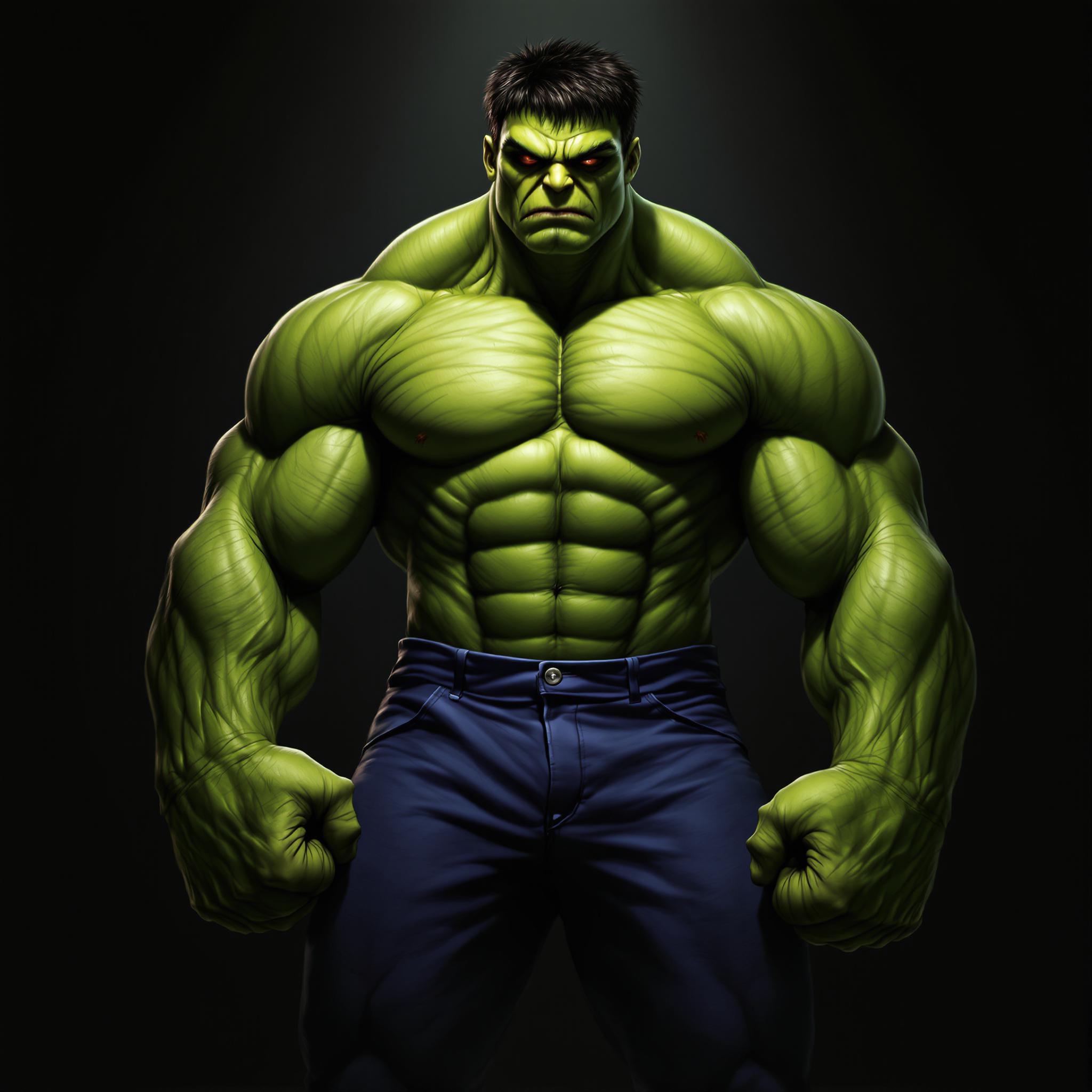 This image features a man that is a blend of human and Hulk like attributes. The character is standing with a powerful stance, hands clenched and ready for action. The art style is a blend of realism and fantasy, with a focus on the detailed musculature and textures of the skin.The medium appears to be a digital painting, given the smooth blending of colors and the lack of brush strokes. The lighting is dramatic, with a spotlight effect that highlights the character against a dark background. The colors are primarily shades of green, which is characteristic of the Hulk, with some variations in the skin tones to give depth and realism. The characters skin is textured to look like the Hulks, with raised areas and shadows that give it a three dimensional appearance.The character is wearing a pair of blue pants, which are the only clothing visible. The pants appear to be a standard fit, with a button closure at the waist. The overall mood of the image is intense and imposing, with the character exuding a sense of power and aggression.
