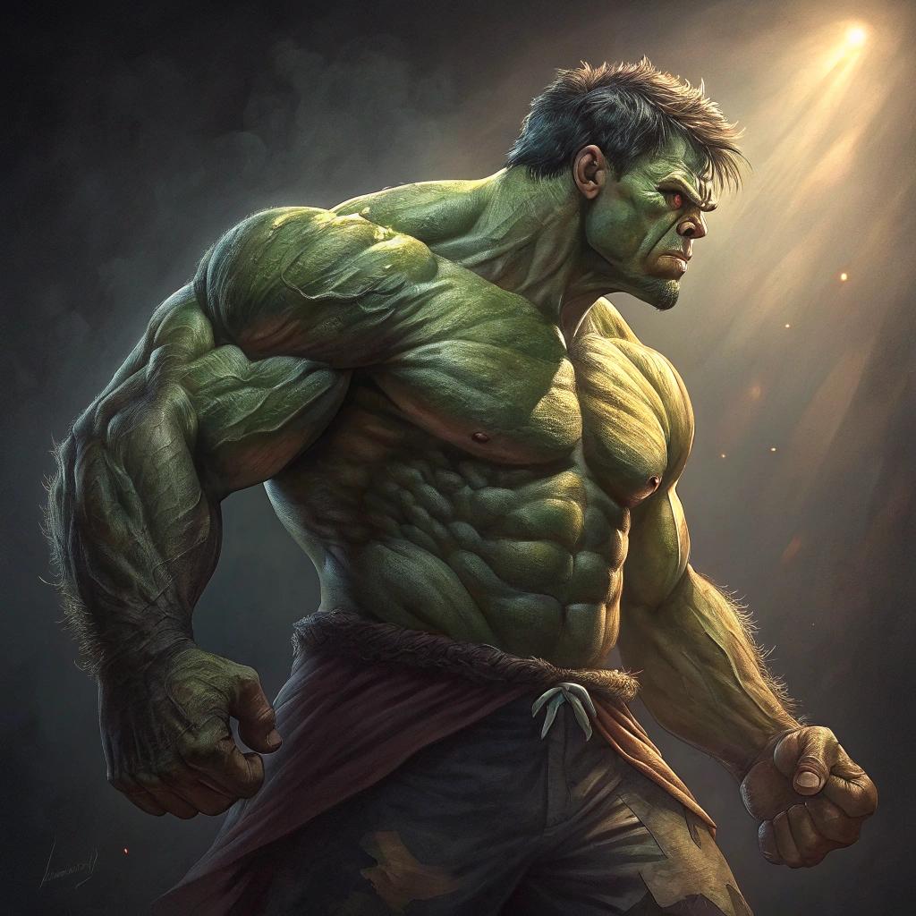 This image features a man that is a blend of human and Hulk like attributes. The character is standing with a powerful stance, hands clenched and ready for action. The art style is a blend of realism and fantasy, with a focus on the detailed musculature and textures of the skin.The medium appears to be a digital painting, given the smooth blending of colors and the lack of brush strokes. The lighting is dramatic, with a spotlight effect that highlights the character against a dark background. The colors are primarily shades of green, which is characteristic of the Hulk, with some variations in the skin tones to give depth and realism. The characters skin is textured to look like the Hulks, with raised areas and shadows that give it a three dimensional appearance.The character is wearing a pair of blue pants, which are the only clothing visible. The pants appear to be a standard fit, with a button closure at the waist. The overall mood of the image is intense and imposing, with the character exuding a sense of power and aggression.