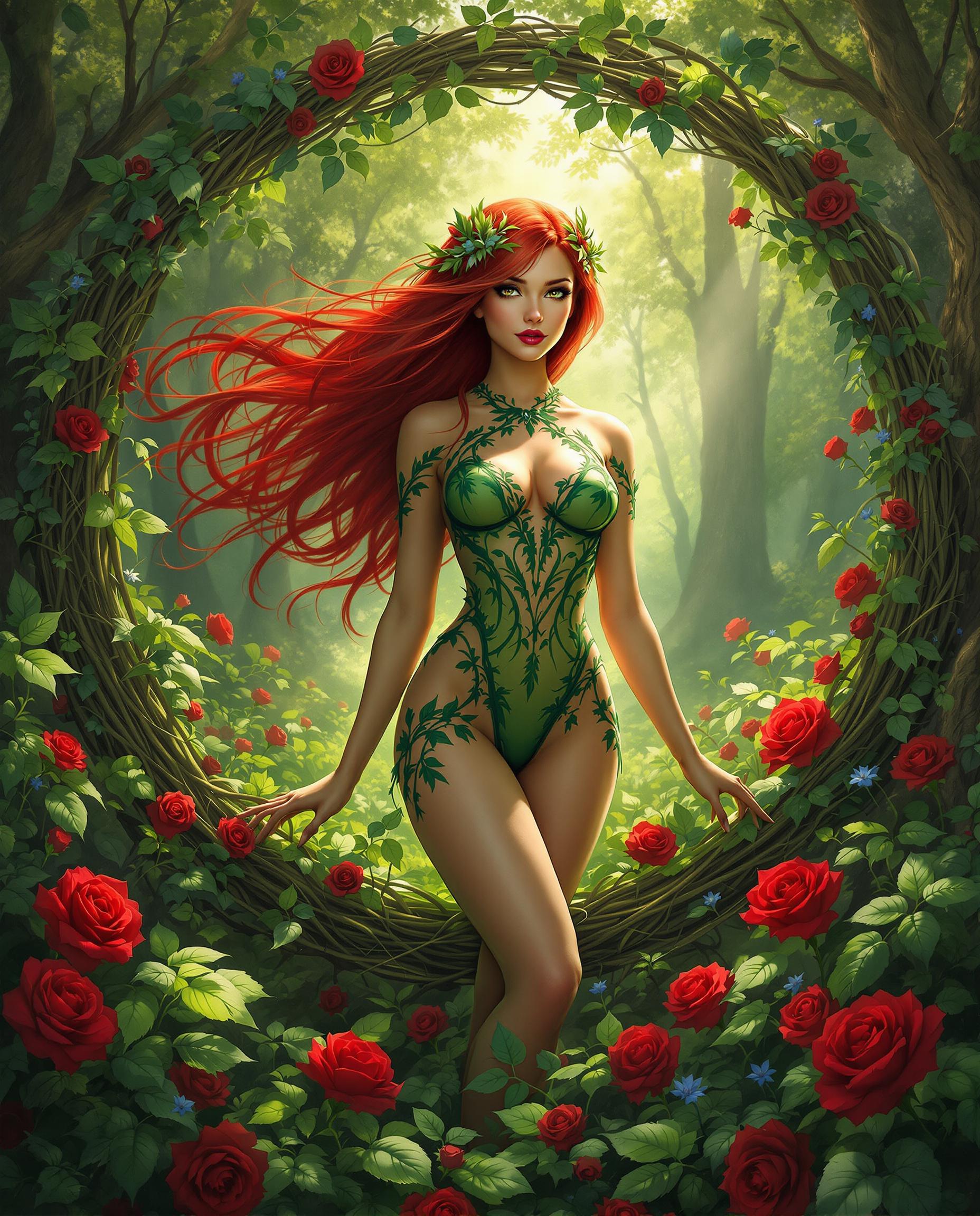 This image is a digital artwork that exudes a fantasy and enchanting atmosphere. The art style is reminiscent of highquality digital painting, with a focus on realistic proportions and textures, while still maintaining a stylized and fantastical element. The medium appears to be a digital painting software, given the smooth blending of colors and the lack of brush strokes.The colors in the image are rich and vibrant, with a predominance of greens, reds, and earth tones. The greens of the foliage and the characters costume create a lush, verdant feel, while the reds of the roses and the characters hair add a pop of color that draws the eye. The earth tones of the background and the characters skin tone provide a grounding contrast, making the vivid colors pop even more.The objects in the image are numerous and contribute to the overall fantasy setting. At the forefront, there is the central figure, a woman with flowing red hair and a body adorned in a green bodysuit with leaf patterns. The bodysuit is detailed with lace and vines, suggesting a connection to nature. Her skin is a warm, earthy tone, providing a natural contrast to the bright colors of her hair and costume.Behind the figure, there is a circular frame made of intertwined vines and roses, which frames her and adds a sense of enclosure and mystery. The frame is set against a backdrop of a sunlit forest, with towering trees and lush foliage. The light filters through the canopy, casting a dappled effect on the ground and creating a sense of depth and dimension.The ground is covered in a carpet of green leaves and red roses, with the occasional blue flower peeking through. The roses are in various stages of bloom, with some fully open and others just starting to unfurl. The leaves are detailed and textured, with veins and imperfections that give them a lifelike quality.The overall effect of the image is one of enchantment and mystique, with a strong emphasis on the beauty and power of nature. The interplay of light and shadow, the rich textures, and the harmonious color palette all contribute to a sense of wonder and fantasy.