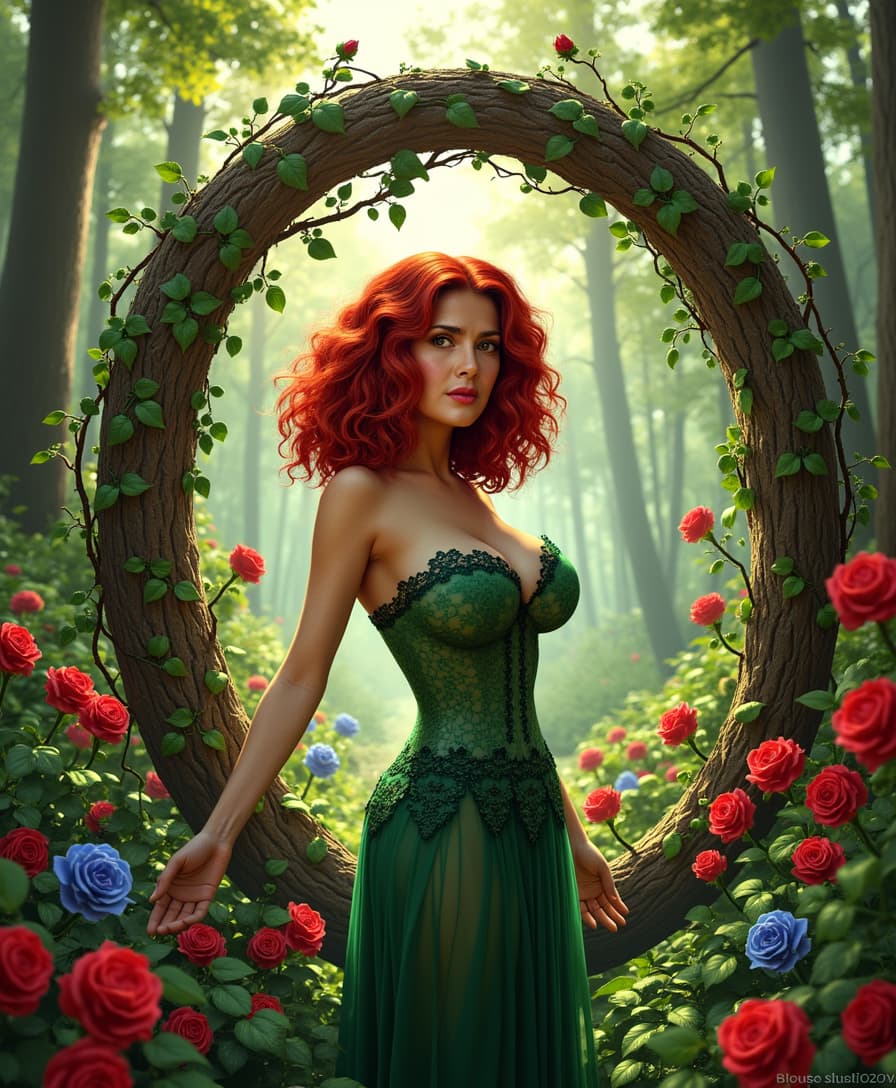 a photo of SH72, This image is a digital artwork that exudes a fantasy and enchanting atmosphere. The art style is reminiscent of highquality digital painting, with a focus on realistic proportions and textures, while still maintaining a stylized and fantastical element. The medium appears to be a digital painting software, given the smooth blending of colors and the lack of brush strokes.The colors in the image are rich and vibrant, with a predominance of greens, reds, and earth tones. The greens of the foliage and the characters costume create a lush, verdant feel, while the reds of the roses and the characters hair add a pop of color that draws the eye. The earth tones of the background and the characters skin tone provide a grounding contrast, making the vivid colors pop even more.The objects in the image are numerous and contribute to the overall fantasy setting. At the forefront, there is the central figure, a woman with flowing red hair and a body adorned in a green bodysuit with leaf patterns. The bodysuit is detailed with lace and vines, suggesting a connection to nature. Her skin is a warm, earthy tone, providing a natural contrast to the bright colors of her hair and costume.Behind the figure, there is a circular frame made of intertwined vines and roses, which frames her and adds a sense of enclosure and mystery. The frame is set against a backdrop of a sunlit forest, with towering trees and lush foliage. The light filters through the canopy, casting a dappled effect on the ground and creating a sense of depth and dimension.The ground is covered in a carpet of green leaves and red roses, with the occasional blue flower peeking through. The roses are in various stages of bloom, with some fully open and others just starting to unfurl. The leaves are detailed and textured, with veins and imperfections that give them a lifelike quality.The overall effect of the image is one of enchantment and mystique, with a strong emphasis on the beauty and power of nature. The interplay of light and shadow, the rich textures, and the harmonious color palette all contribute to a sense of wonder and fantasy.