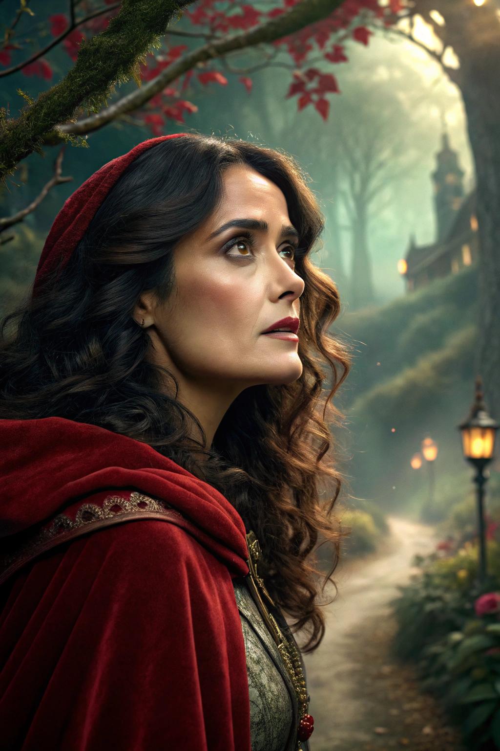 a photo of Salma Hayek, This image is a digital artwork that exudes a fantasy and enchanting atmosphere. The art style is reminiscent of high quality digital painting, with a focus on realistic proportions and textures, while still maintaining a stylized and fantastical element. The medium appears to be a digital painting software, given the smooth blending of colors and the lack of brush strokes.The colors in the image are rich and vibrant, with a predominance of greens, reds, and earth tones. The greens of the foliage and the characters costume create a lush, verdant feel, while the reds of the roses and the characters hair add a pop of color that draws the eye. The earth tones of the background and the characters skin tone provide a grounding contrast, making the vivid colors pop even more.The objects in the image are numerous and contribute to the overall fantasy setting. At the forefront, there is the central figure, a woman with flowing red hair and a body adorned in a green bodysuit with leaf patterns. The bodysuit is detailed with lace and vines, suggesting a connection to nature. Her skin is a warm, earthy tone, providing a natural contrast to the bright colors of her hair and costume.Behind the figure, there is a circular frame made of intertwined vines and roses, which frames her and adds a sense of enclosure and mystery. The frame is set against a backdrop of a sunlit forest, with towering trees and lush foliage. The light filters through the canopy, casting a dappled effect on the ground and creating a sense of depth and dimension.The ground is covered in a carpet of green leaves and red roses, with the occasional blue flower peeking through. The roses are in various stages of bloom, with some fully open and others just starting to unfurl. The leaves are detailed and textured, with veins and imperfections that give them a lifelike quality.The overall effect of the image is one of enchantment and mystique, with a strong emphasis on the beauty and power of nature. The interplay of light and shadow, the rich textures, and the harmonious color palette all contribute to a sense of wonder and fantasy.