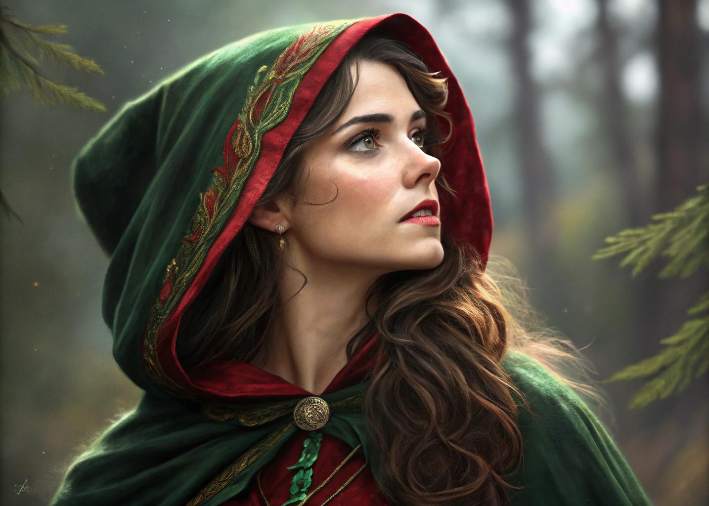  This image is a digital artwork of a woman, that exudes a fantasy and enchanting atmosphere. The art style is reminiscent of high quality digital painting, with a focus on realistic proportions and textures, while still maintaining a stylized and fantastical element. The medium appears to be a digital painting software, given the smooth blending of colors and the lack of brush strokes.The colors in the image are rich and vibrant, with a predominance of greens, reds, and earth tones. The greens of the foliage and the characters costume create a lush, verdant feel, while the reds of the roses and the characters hair add a pop of color that draws the eye. The earth tones of the background and the characters skin tone provide a grounding contrast, making the vivid colors pop even more.The objects in the image are numerous and contribute to the overall fantasy setting. At the forefront, there is the central figure, a woman with flowing red hair and a body adorned in a green bodysuit with leaf patterns. The bodysuit is detailed with lace and vines, suggesting a connection to nature. Her skin is a warm, earthy tone, providing a natural contrast to the bright colors of her hair and costume.Behind the figure, there is a circular frame made of intertwined vines and roses, which frames her and adds a sense of enclosure and mystery. The frame is set against a backdrop of a sunlit forest, with towering trees and lush foliage. The light filters through the canopy, casting a dappled effect on the ground and creating a sense of depth and dimension.The ground is covered in a carpet of green leaves and red roses, with the occasional blue flower peeking through. The roses are in various stages of bloom, with some fully open and others just starting to unfurl. The leaves are detailed and textured, with veins and imperfections that give them a lifelike quality.The overall effect of the image is one of enchantment and mystique, with a strong emphasis on the beauty and power of nature. The interplay of light and shadow, the rich textures, and the harmonious color palette all contribute to a sense of wonder and fantasy.