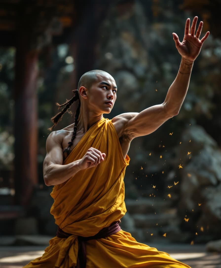 Athletic Shaolin monk, topless, exercise material arts in traditional monastery, bokeh
