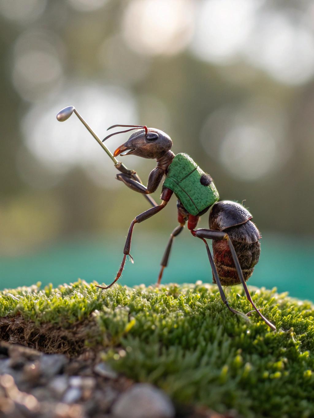 Macro close up photo of an ant in golf dress with golf club in hand playing mini golf, bokeh