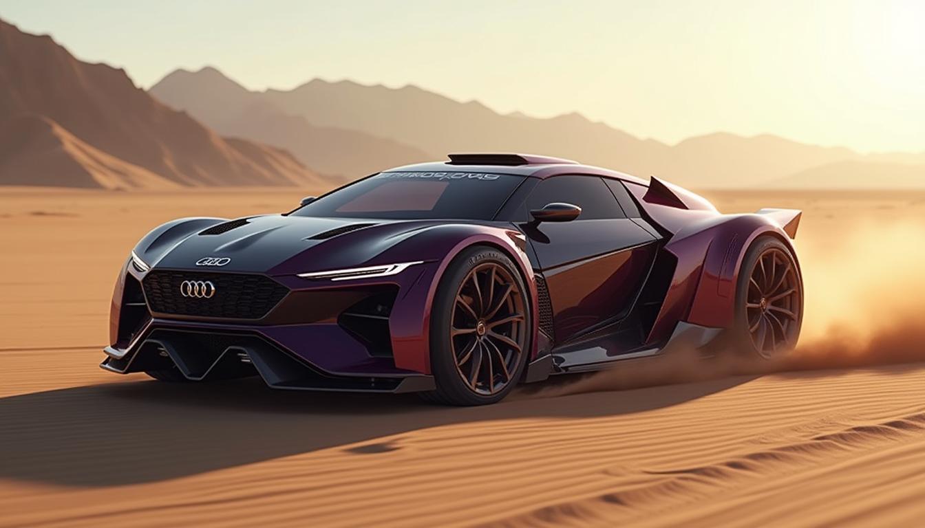 "The futuristic Dakar World 2025 audi MACHINE is designed with sleek, angular lines that suggest powerful movement. The machine has sharp, jagged features, is painted in deep, glossy colors inspired by Venom, with shades of black and purple, and the design has subtle metallic highlights to reflect the light. The background is a vast desert with dramatic squeaks and a bright horizon, suggesting that the machine is going very fast, gliding at impressive speeds. The mood is intense and mysterious, the machine looks like a powerful force ready to take off."