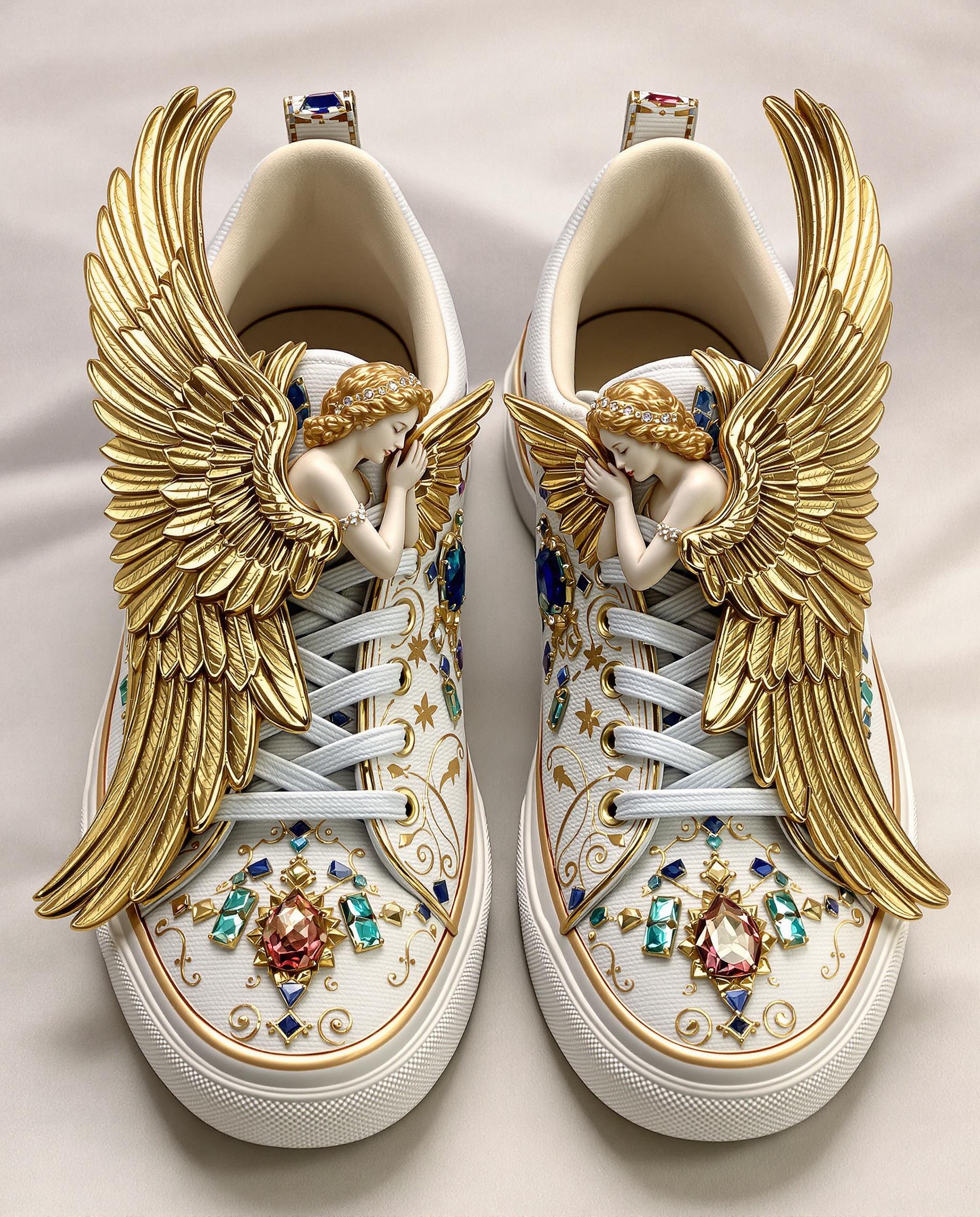 sneakers with renaissance angels in relief, with big realistic wings on each side, and decorated with gold and jewels 