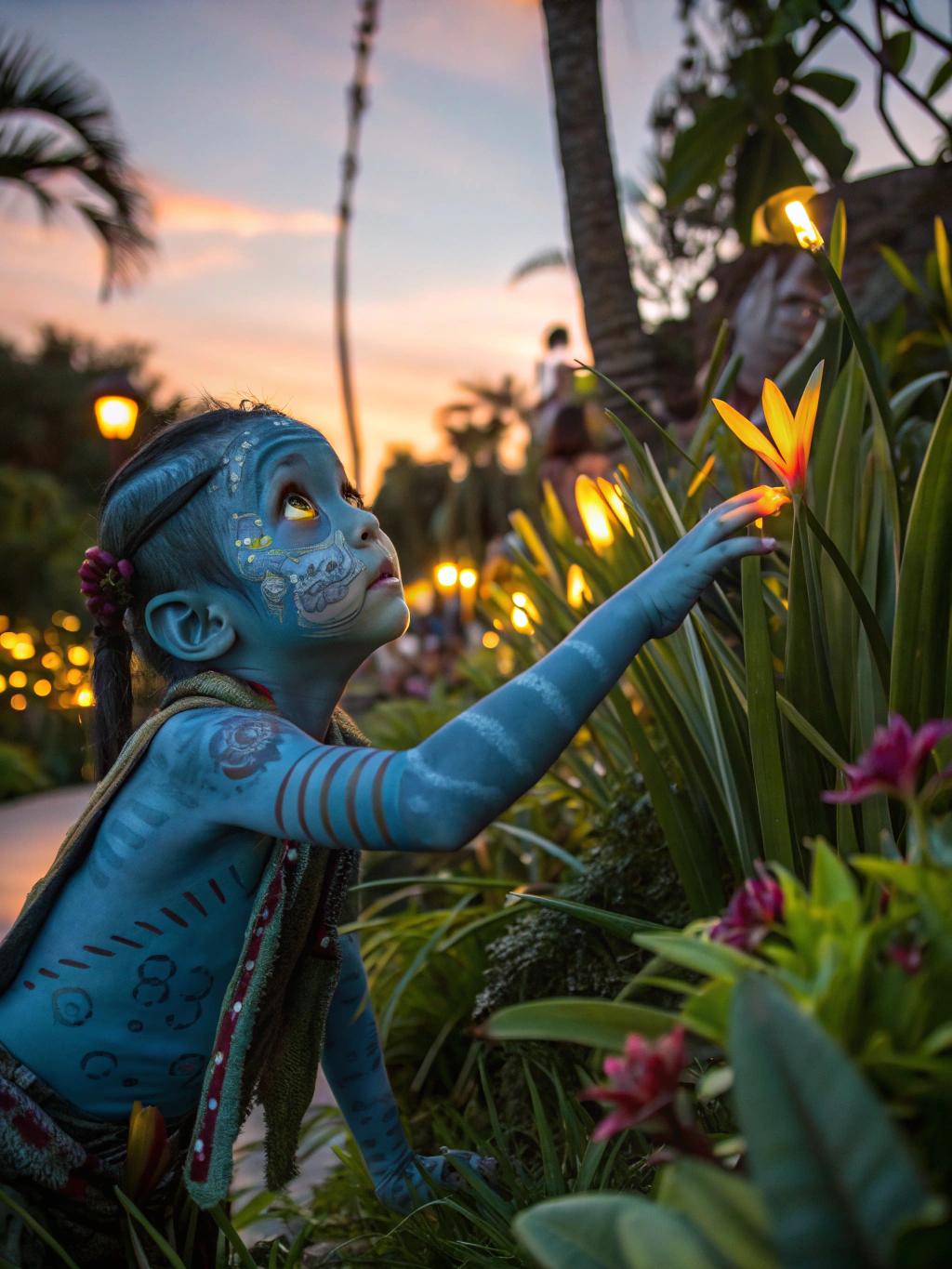 A curious young Na'vi child exploring the vibrant jungle of Pandora, surrounded by bioluminescent flowers and alien creatures. The child’s small, agile frame is covered in blue skin with colorful markings. Their large, expressive yellow eyes are filled with wonder as they reach out to touch a glowing plant. The scene is shot at dusk, with warm, soft lighting casting long shadows, creating a peaceful, magical atmosphere. The child’s playful expression is captured in close-up with a 85mm lens at f/2.0, highlighting the intricate textures of their face and the glowing surroundings. 
