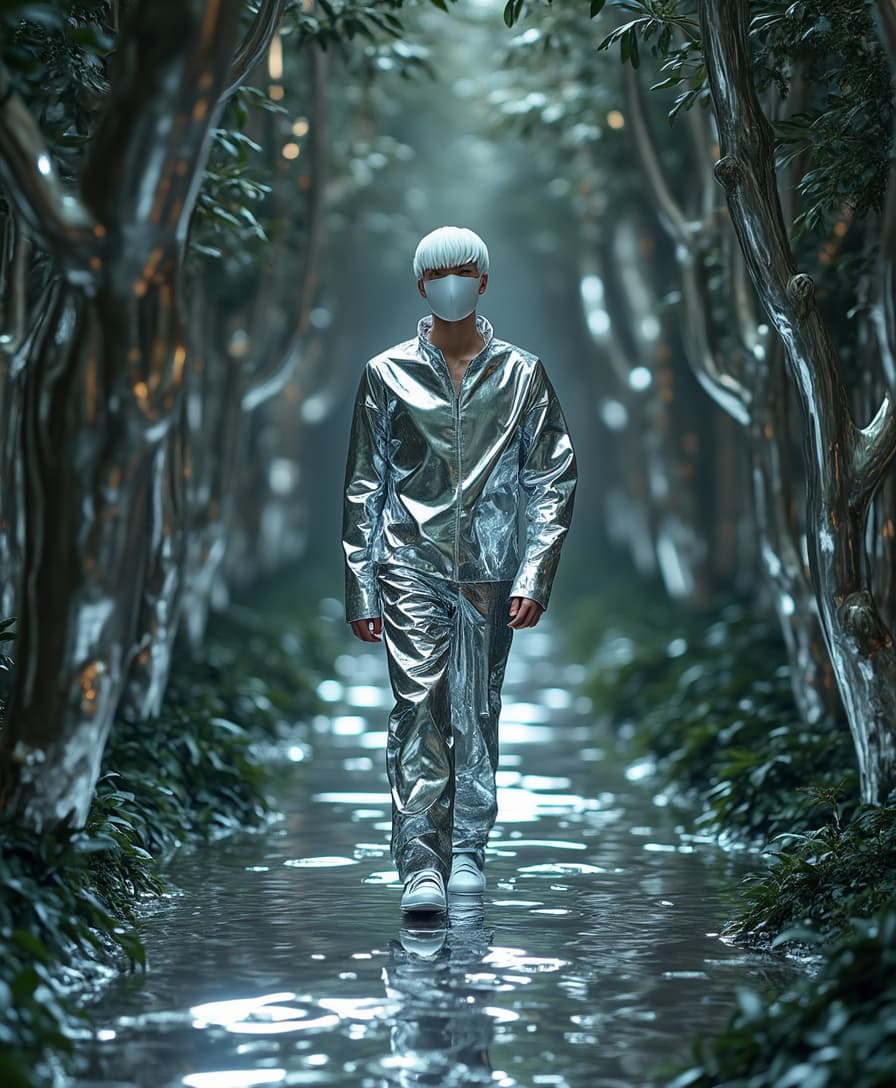 A fully immersive liquid metal-style image of a forest, where both objects and the background are entirely made of fluid-like glossy chrome liquid metal. Low saturation color scheme with soft lighting. All in liquid metal. A white male runway model, dressed in LEMAIRE, standing alone.