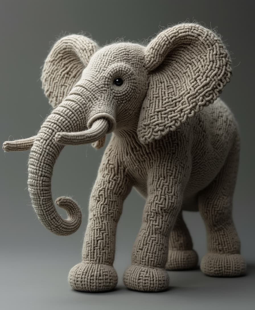 Una figura de elefante creada completamente con hilos de lana, con detalles intrincados que forman el cuerpo, las patas, y la trompa. Los hilos salen de manera fluida y dinámica del cuerpo del elefante, creando un efecto de movimiento como si estuvieran flotando o extendiéndose suavemente. El fondo es neutro, simple y limpio, para resaltar la figura. La iluminación es suave y de alta calidad, destacando las texturas de los hilos y creando un contraste sutil entre las sombras y los detalles de la figura de lana 