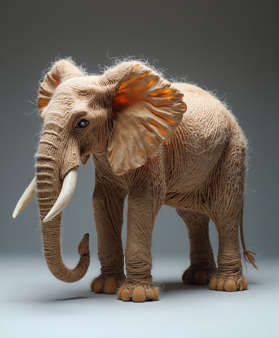 Una figura de elefante creada completamente con hilos de lana, con detalles intrincados que forman el cuerpo, las patas, y la trompa. Los hilos salen de manera fluida y dinámica del cuerpo del elefante, creando un efecto de movimiento como si estuvieran flotando o extendiéndose suavemente. El fondo es neutro, simple y limpio, para resaltar la figura. La iluminación es suave y de alta calidad, destacando las texturas de los hilos y creando un contraste sutil entre las sombras y los detalles de la figura de lana 