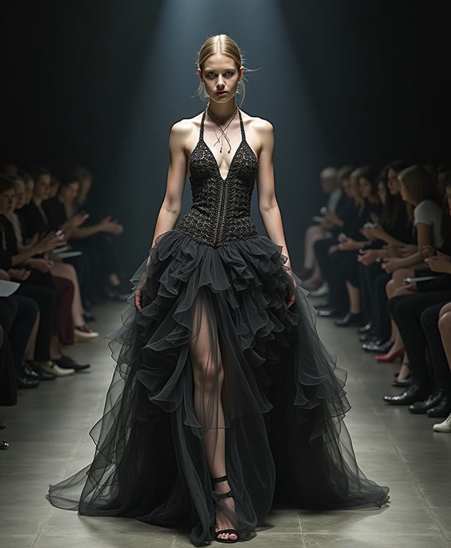 Кампейн Alexander McQueen коллекции 2025, мрачная и авангардная съемка. Фэшн-модели позируют в минималистичном пространстве темный, индустриальный фон с элементами металла, бетонных стен и холодного света. На моделях только архитектурные корсеты сложного дизайна, выполненные из материалов, таких как кожа, металл, кружево и прозрачные ткани. Драматичная эстетика: контрастное освещение, игра света и теней, подчеркивающая скульптурность корсетов. Атмосфера мистики и дерзости, образы дополняют темный макияж, строгие прически или мокрый эффект волос. Композиция передает дух инновации, силы и художественного провокационного стиля Alexander McQueen 