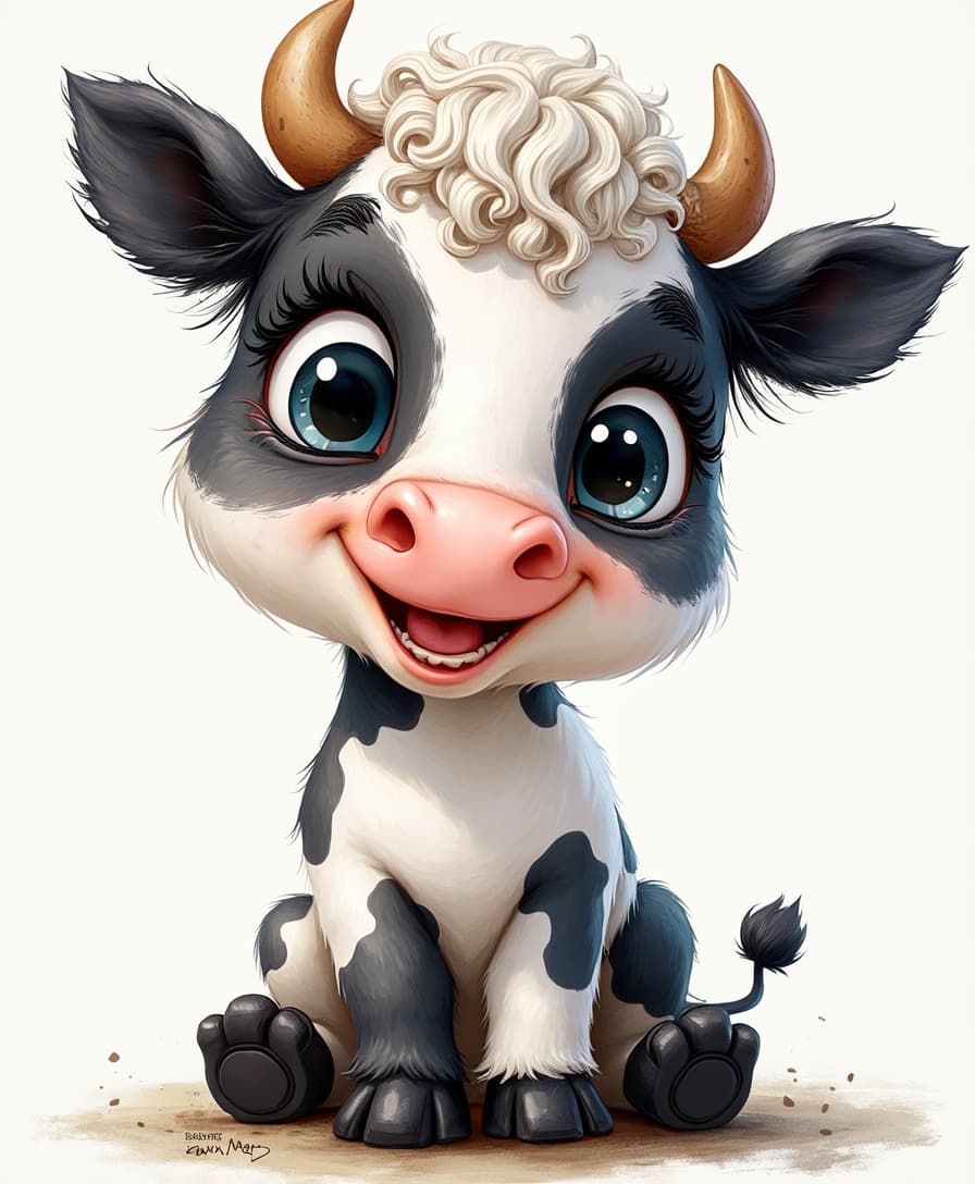 Cute baby cow with black and white curly hair, big eyes, happy expression, Pixar style, full-body portrait, white background, high definition, illustration, sketching, cute baby kawaii style, high resolution, 30k