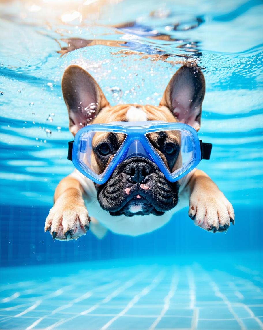 in diving goggles A French bulldog, swimming underwater in the pool. A full-body portrait with bright colours, clear water ripples and a light blue background. Rich in detail and fine fur texture, and a happy expression. 
