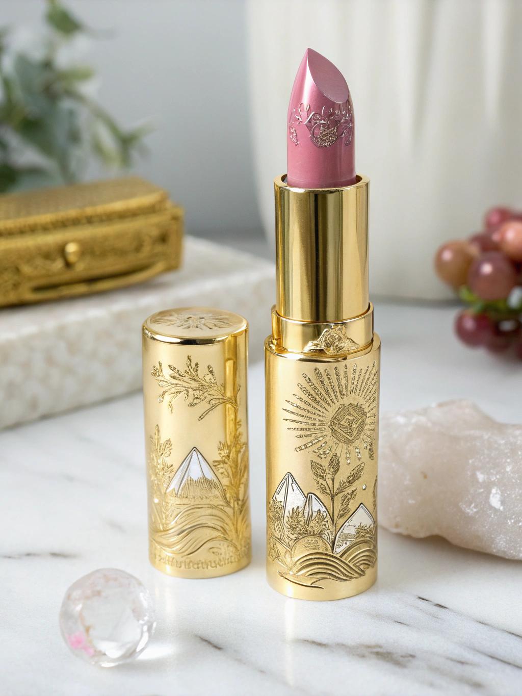 "A luxury lipstick inspired by Feng Shui and crystal energy, featuring a sleek, elegant design. The lipstick casing is made of metallic gold with intricate engravings of nature elements (waves, mountains, and leaves) representing harmony. The transparent cap reveals embedded small natural crystals (rose quartz, amethyst, and citrine) that shimmer beautifully under the light. The lipstick bullet has a smooth, glossy finish in a soft, natural pink shade, symbolizing beauty and positivity. The background includes soft glowing lights with a gradient of pastel colors, enhancing the spiritual and luxurious vibe of the product."