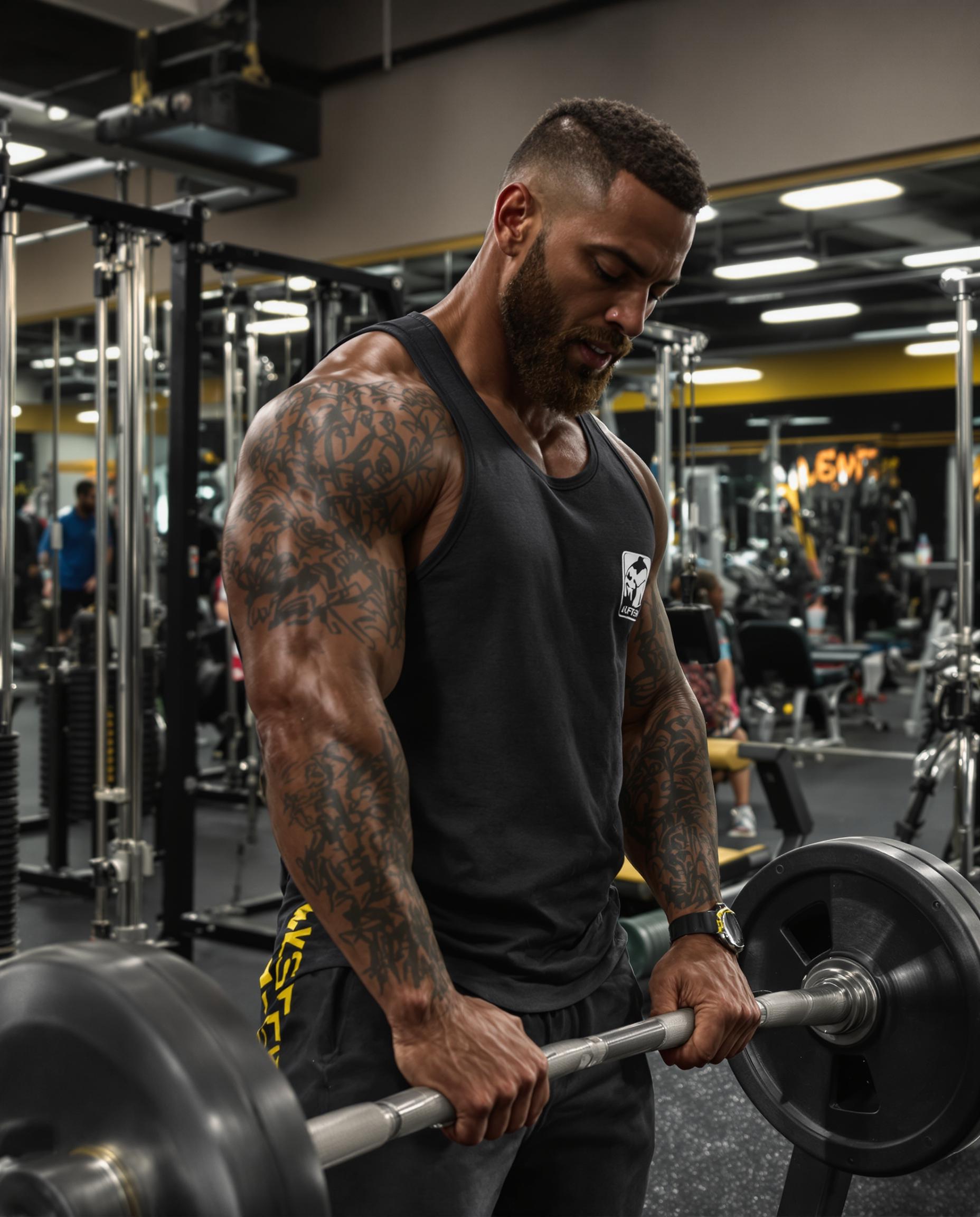 Give me a super realistic photo of a model training at the gym . I want it to be super realistic . And the mood is black and gold 