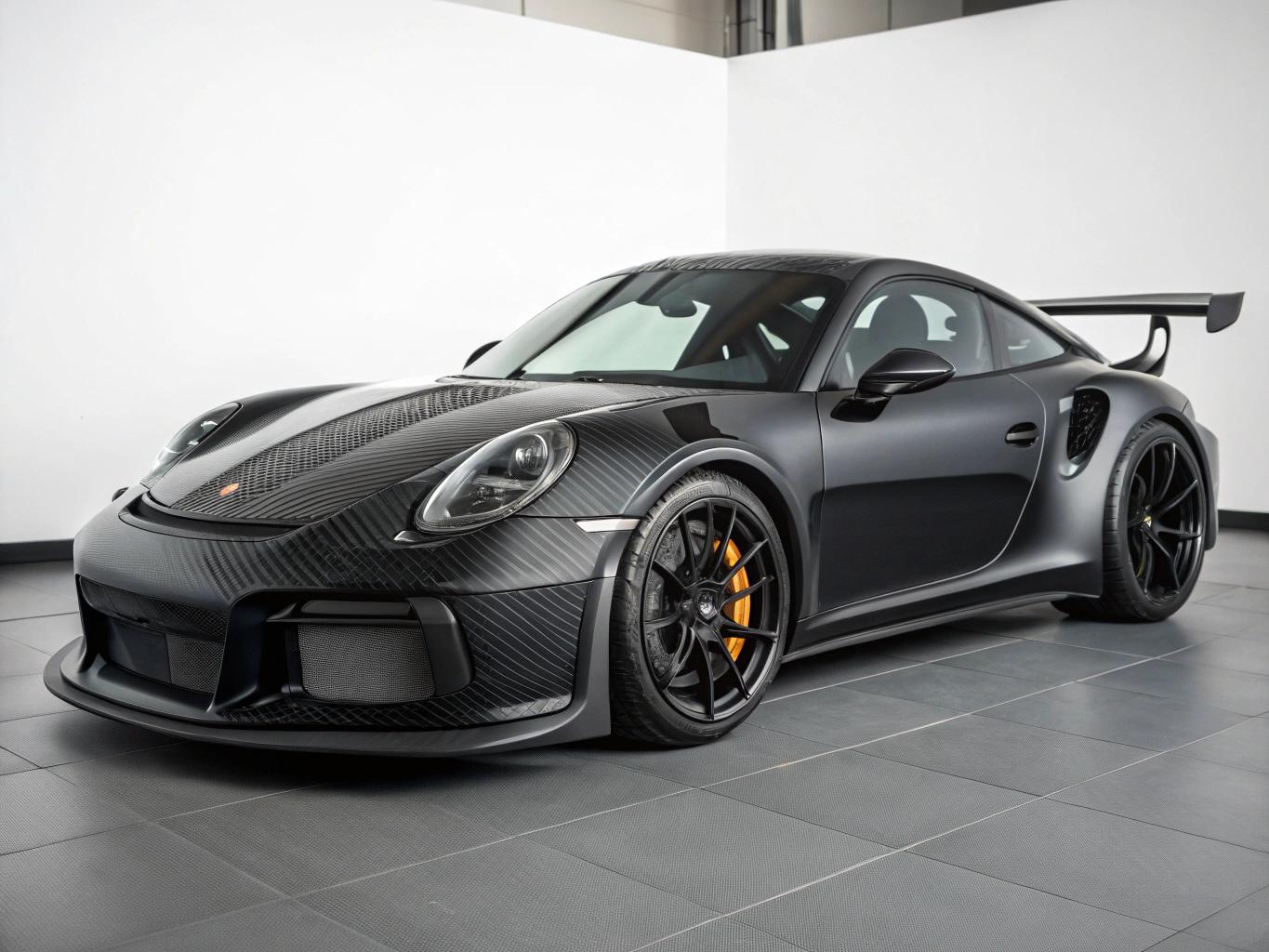 Porsche GT3 RS with Carbonfiber accents in full black and with ultra real graphics, useable as wallpaper