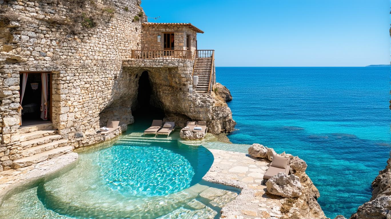 A rock pool with crystal-clear water and sun loungers, set in an ancient cave on the edge of a cliff overlooking the blue sea. The house is built into the stone wall above it, and there are also stairs leading down to another room. It was photographed by professional photographers using Canon cameras.