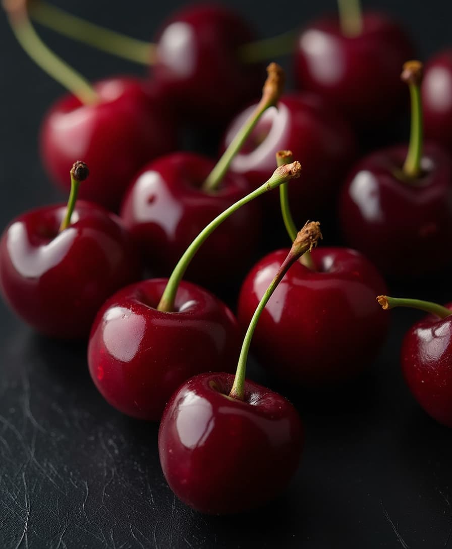 Dark red cherries, food photography, high-angle shot, black background, close-up, delicious, shiny and glossy, glaze, photographed in the style of an art director for a poster magazine cover shoot.