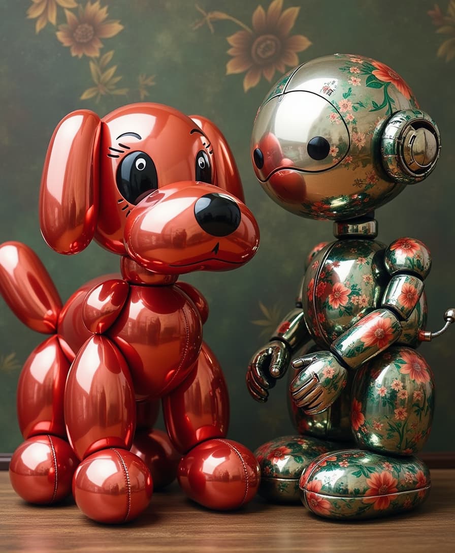 Eugenio Recuenco and Jeff Koons style, two full portrait of a beautiful balloon Jeff Koons dog and a japanese robot with the Italian renaissance print, glamour, impressions of the dutch masters